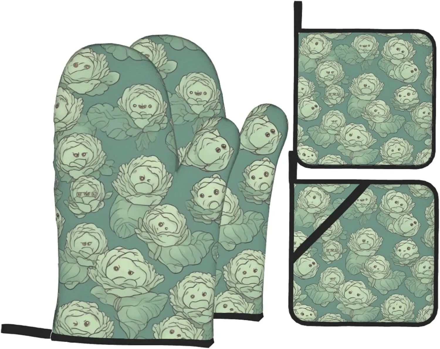 Oven Mitts And Pot Holders Sets of 4 Cabbage Pattern Funny Oven Mitt Kitchen Gloves Non-Slip Heat Resistant Pot Pads For Cooking Baking BBQ