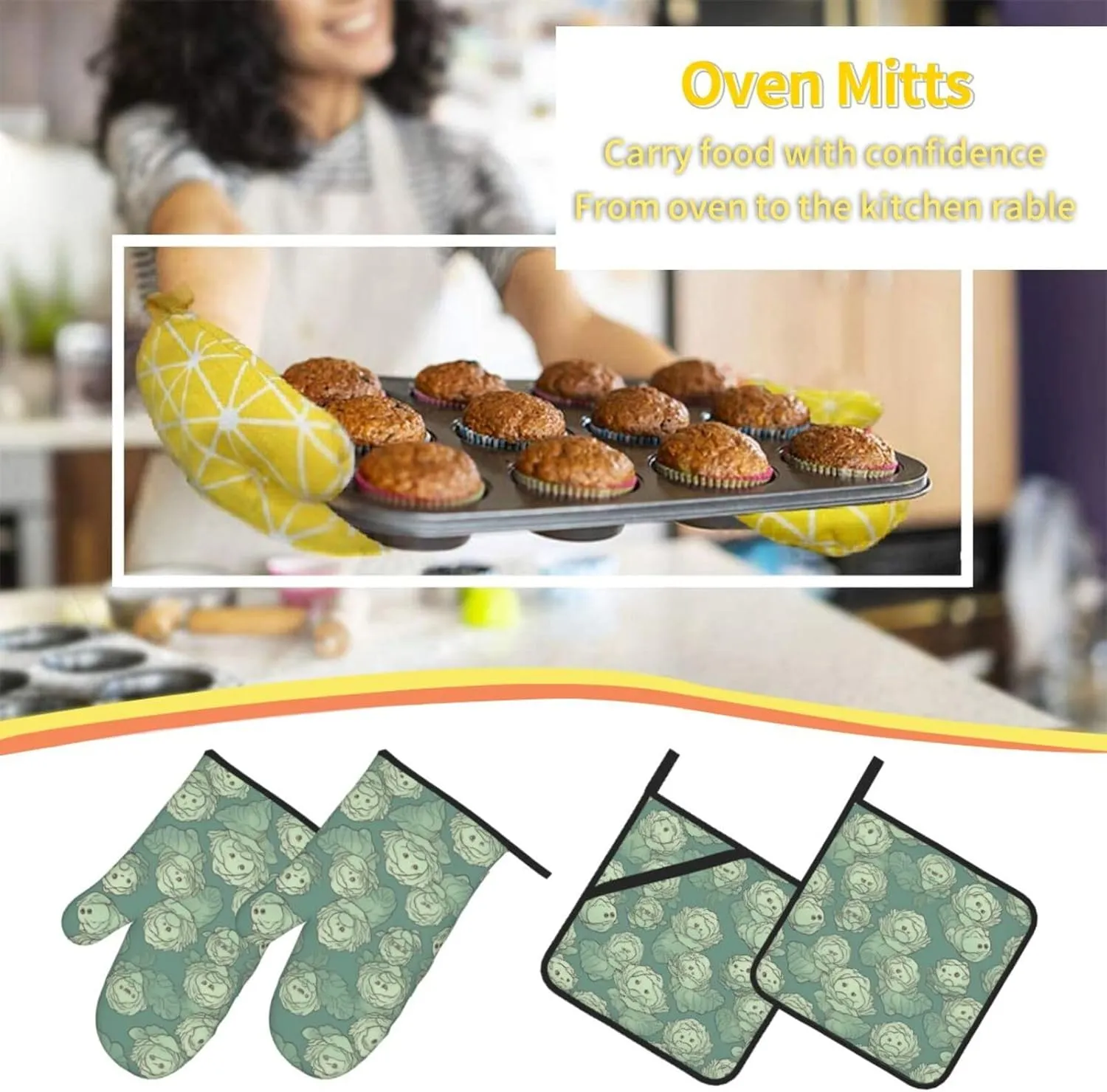 Oven Mitts And Pot Holders Sets of 4 Cabbage Pattern Funny Oven Mitt Kitchen Gloves Non-Slip Heat Resistant Pot Pads For Cooking Baking BBQ