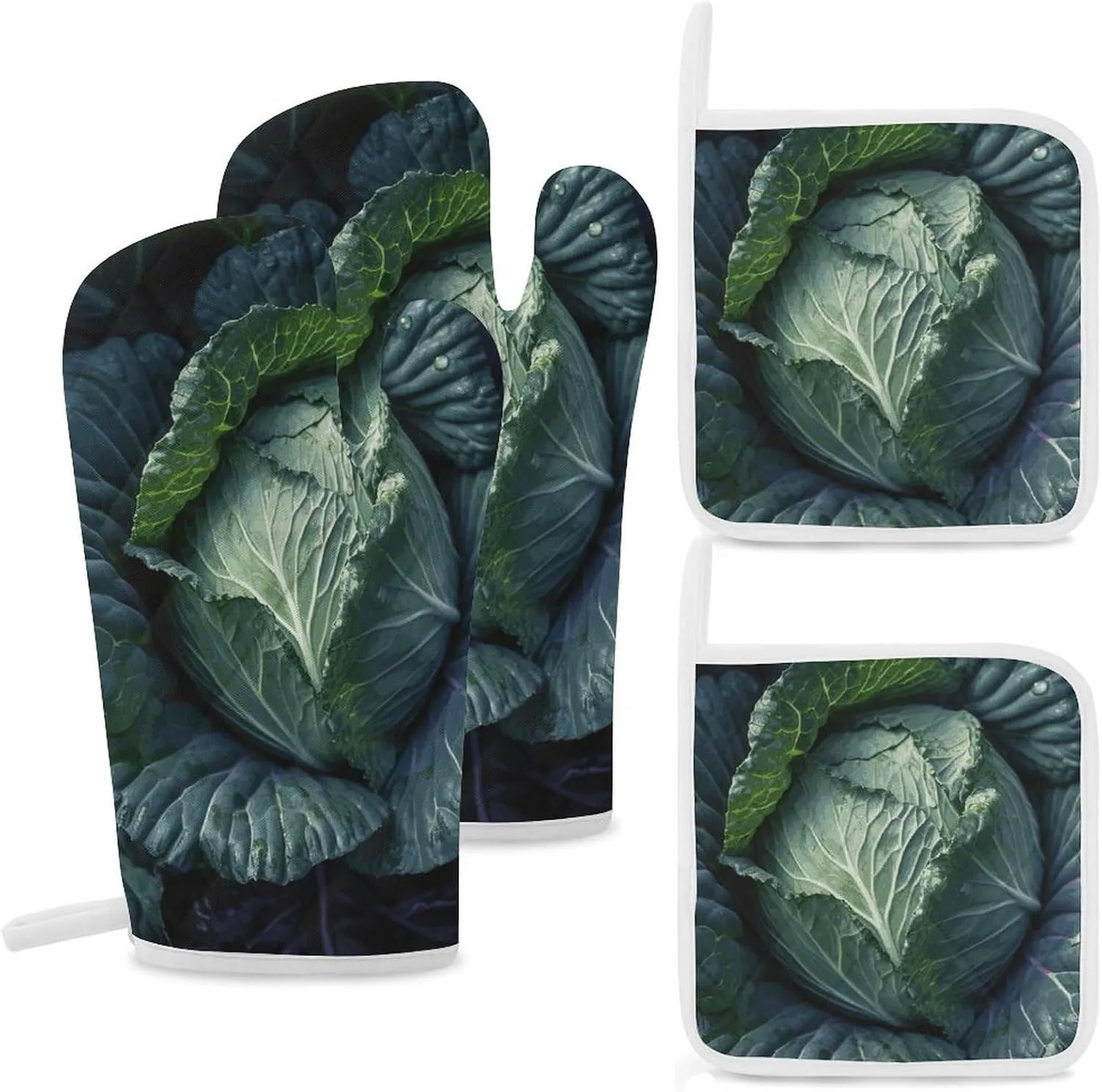 Oven Mitts and Pot Holders Sets of 4 Heat Resistant Non-Slip Oven Gloves and Potholder Bright Cabbage Oven Mitts Waterproof Cooking Hot Pads for Kitchen Baking Grilling BBQ