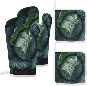 Oven Mitts and Pot Holders Sets of 4 Heat Resistant Non-Slip Oven Gloves and Potholder Bright Cabbage Oven Mitts Waterproof Cooking Hot Pads for Kitchen Baking Grilling BBQ