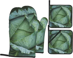 Oven Mitts and Pot Holders Sets of 4 Heat Resistant Waterproof Kitchen Gloves Non-Slip Cooking Mittens Hot Pads for Baking Grilling BBQ (Bright Cabbage)