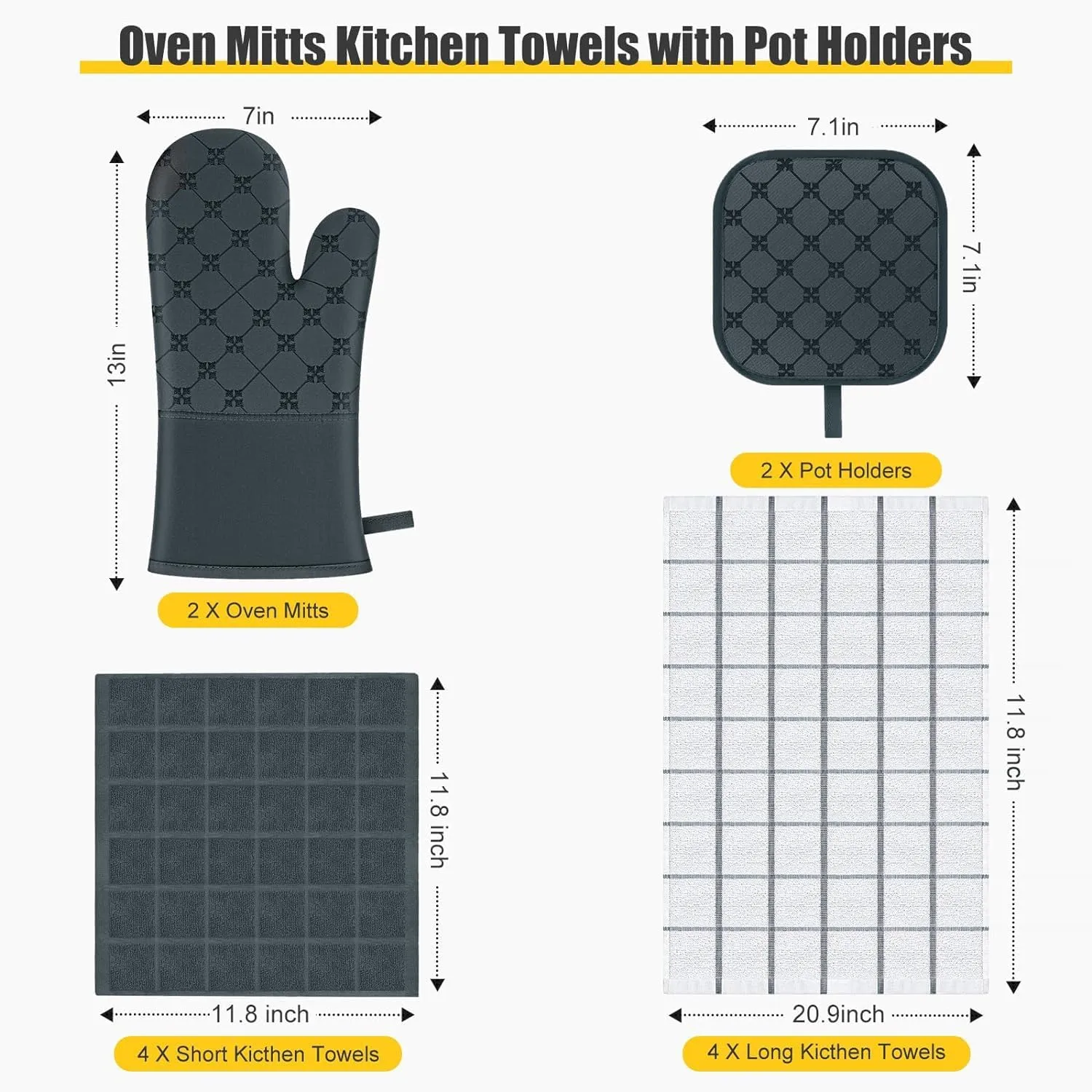 Oven Mitts Kitchen Towels Dishcloths with Pot Holders Sets 12PCS,Dish Towels Sets,Oven Gloves Pot Pads Heat Resistant 500 Degrees with Non-Slip Silicone Surface for Cooking Baking Grilling-Deep Green