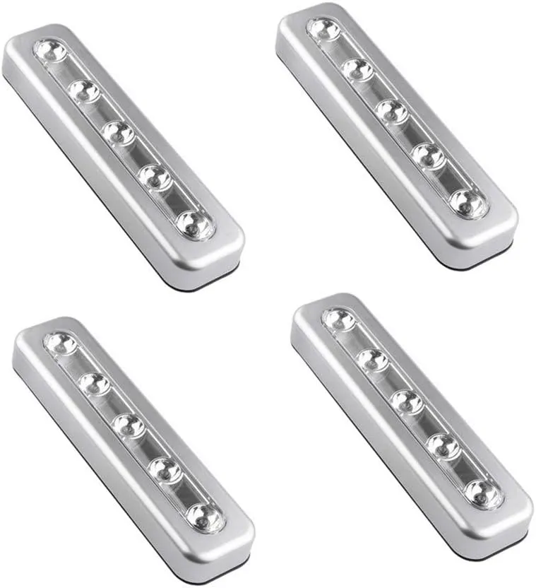 Pack of 4, DIY Stick-on 5 LED Touch Tap Lights Battery-Powered Push Night Light for Closets, Cabinets, Cupboard, Hallway, Stairs, Attics, Garages, Car, Sheds, Storage Room (Silver)