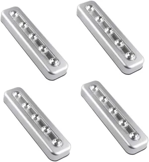 Pack of 4, DIY Stick-on 5 LED Touch Tap Lights Battery-Powered Push Night Light for Closets, Cabinets, Cupboard, Hallway, Stairs, Attics, Garages, Car, Sheds, Storage Room (Silver)