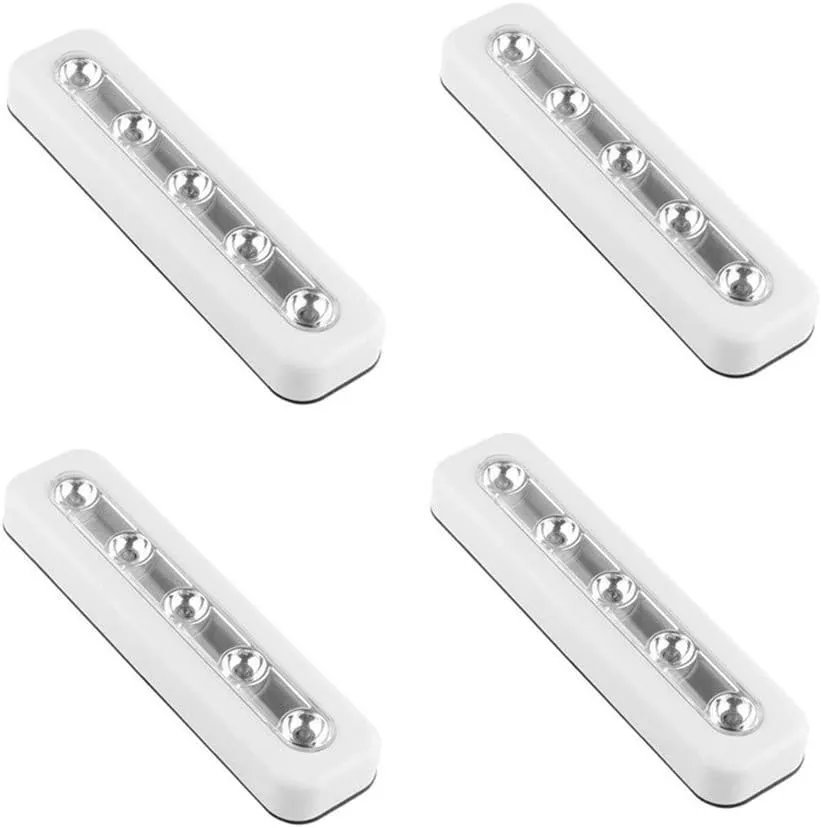 Pack of 4, DIY Stick-on 5 LED Touch Tap Lights Battery-Powered Push Night Light for Closets, Cabinets, Cupboard, Hallway, Stairs, Attics, Garages, Car, Sheds, Storage Room (White)