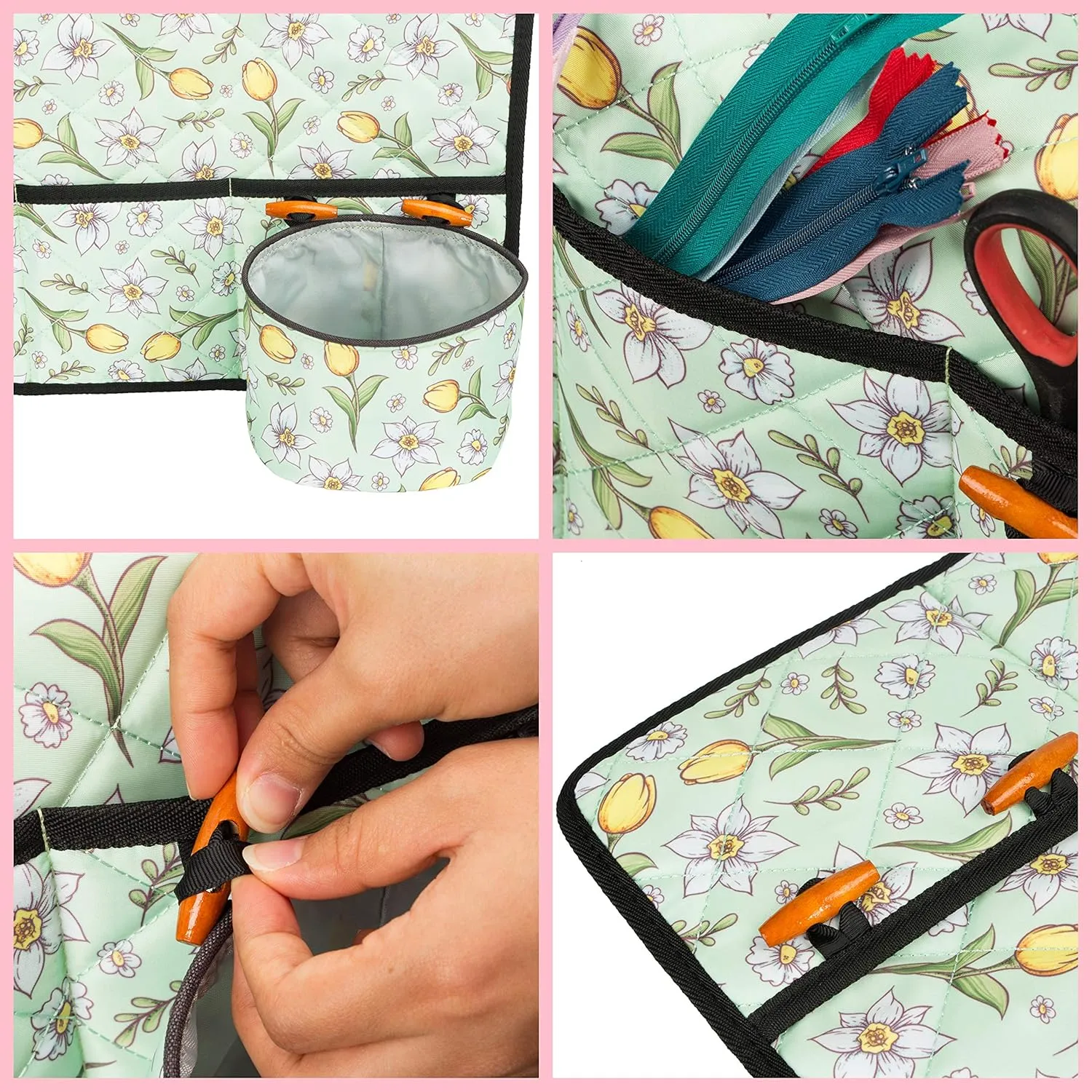 PACMAXI Sewing Machine Pad for Table with Pockets, Water-Resistant Sewing Machine Pad Organizer, Pad Organizer for Sewing Machine Accessories, Sewing Machine Mat (Floral with Green Background)