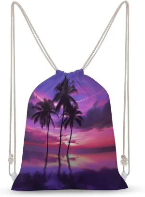 Palm Tree Purple Sunset Drawstring Backpack for Women Men Drawstring Bag for Travel Swimming Sports Gym Bag