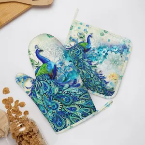 Peacocks and Flowers Oven Mitts and Pot Holders Set Heat Resistant Non-Slip Silicone Oven Mittens with Oven Gloves and Hot Pads Potholders for BBQ Kitchen Baking Cooking, Quilted Liner
