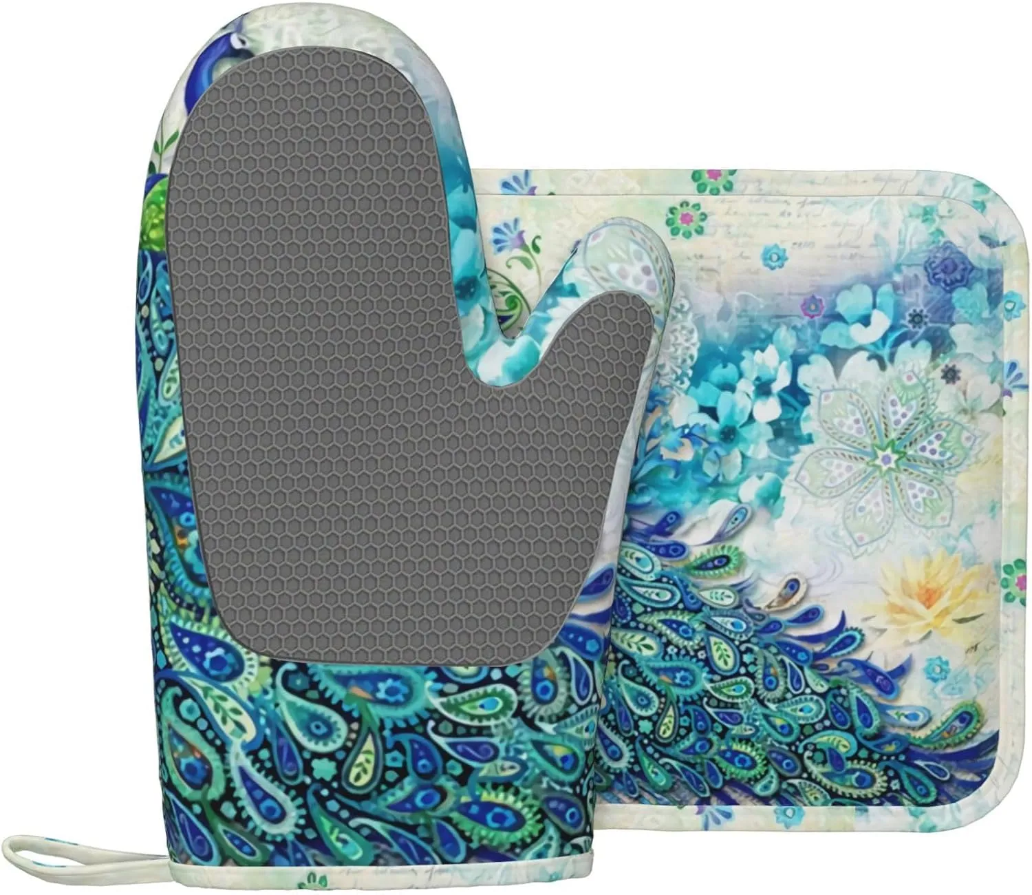 Peacocks and Flowers Oven Mitts and Pot Holders Set Heat Resistant Non-Slip Silicone Oven Mittens with Oven Gloves and Hot Pads Potholders for BBQ Kitchen Baking Cooking, Quilted Liner