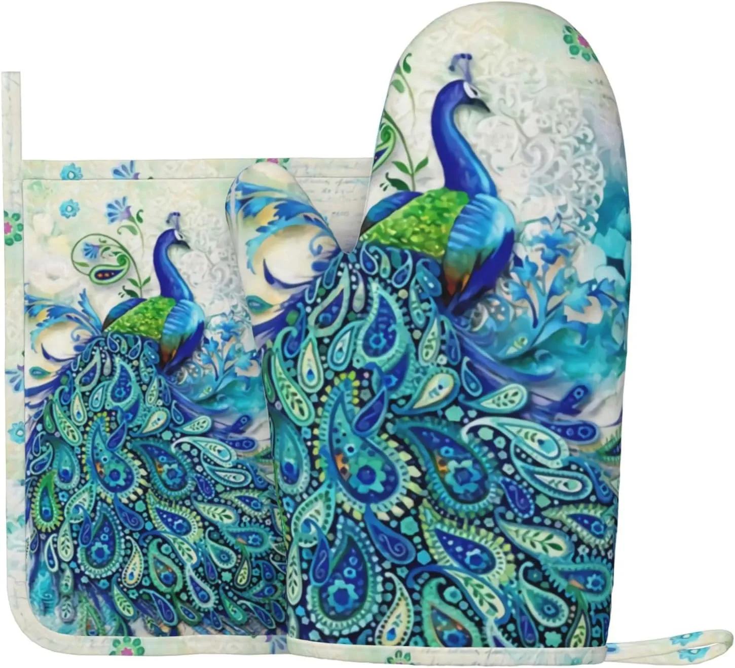Peacocks and Flowers Oven Mitts and Pot Holders Set Heat Resistant Non-Slip Silicone Oven Mittens with Oven Gloves and Hot Pads Potholders for BBQ Kitchen Baking Cooking, Quilted Liner