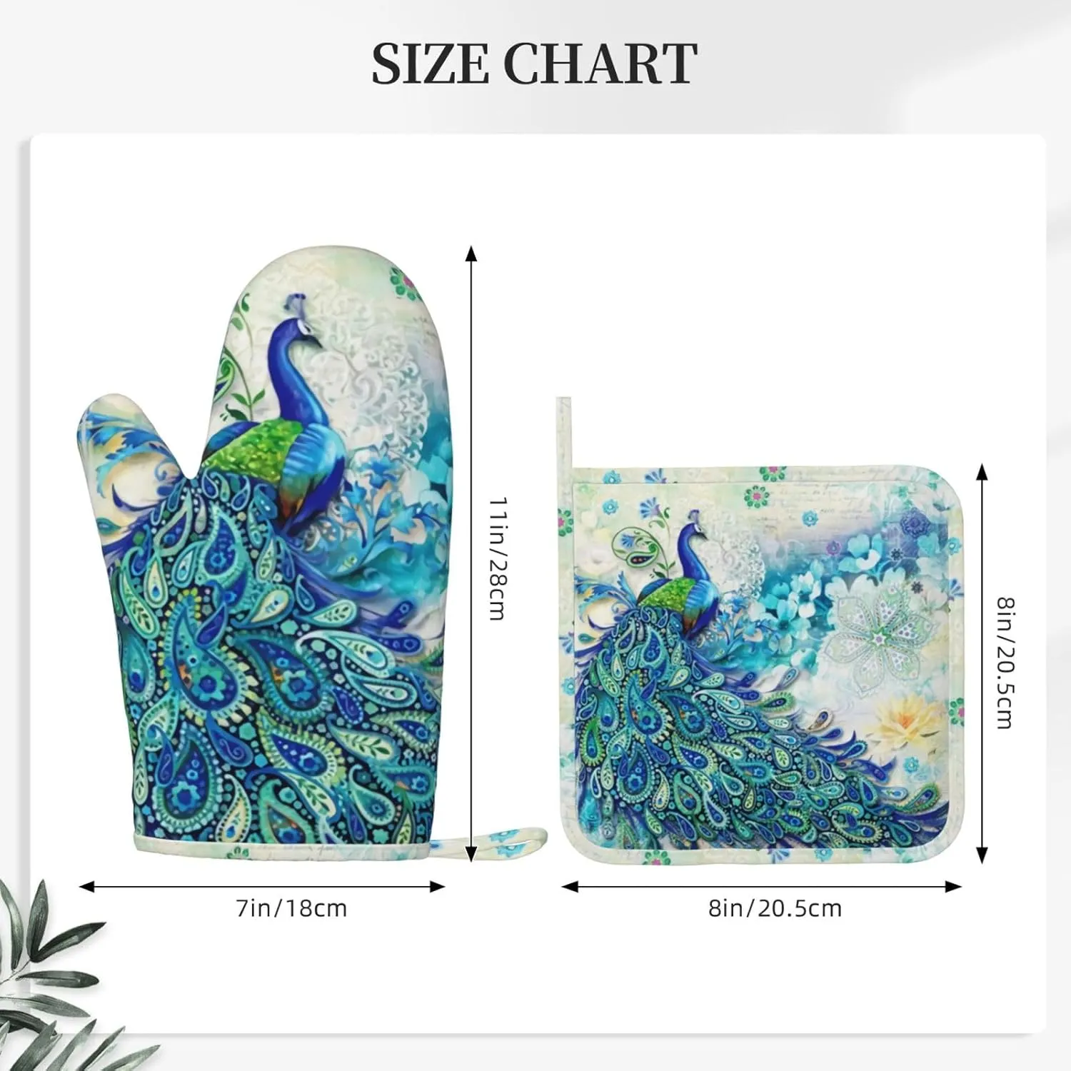Peacocks and Flowers Oven Mitts and Pot Holders Set Heat Resistant Non-Slip Silicone Oven Mittens with Oven Gloves and Hot Pads Potholders for BBQ Kitchen Baking Cooking, Quilted Liner