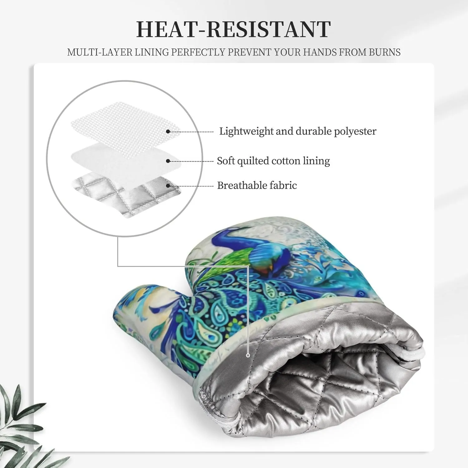 Peacocks and Flowers Oven Mitts and Pot Holders Set Heat Resistant Non-Slip Silicone Oven Mittens with Oven Gloves and Hot Pads Potholders for BBQ Kitchen Baking Cooking, Quilted Liner
