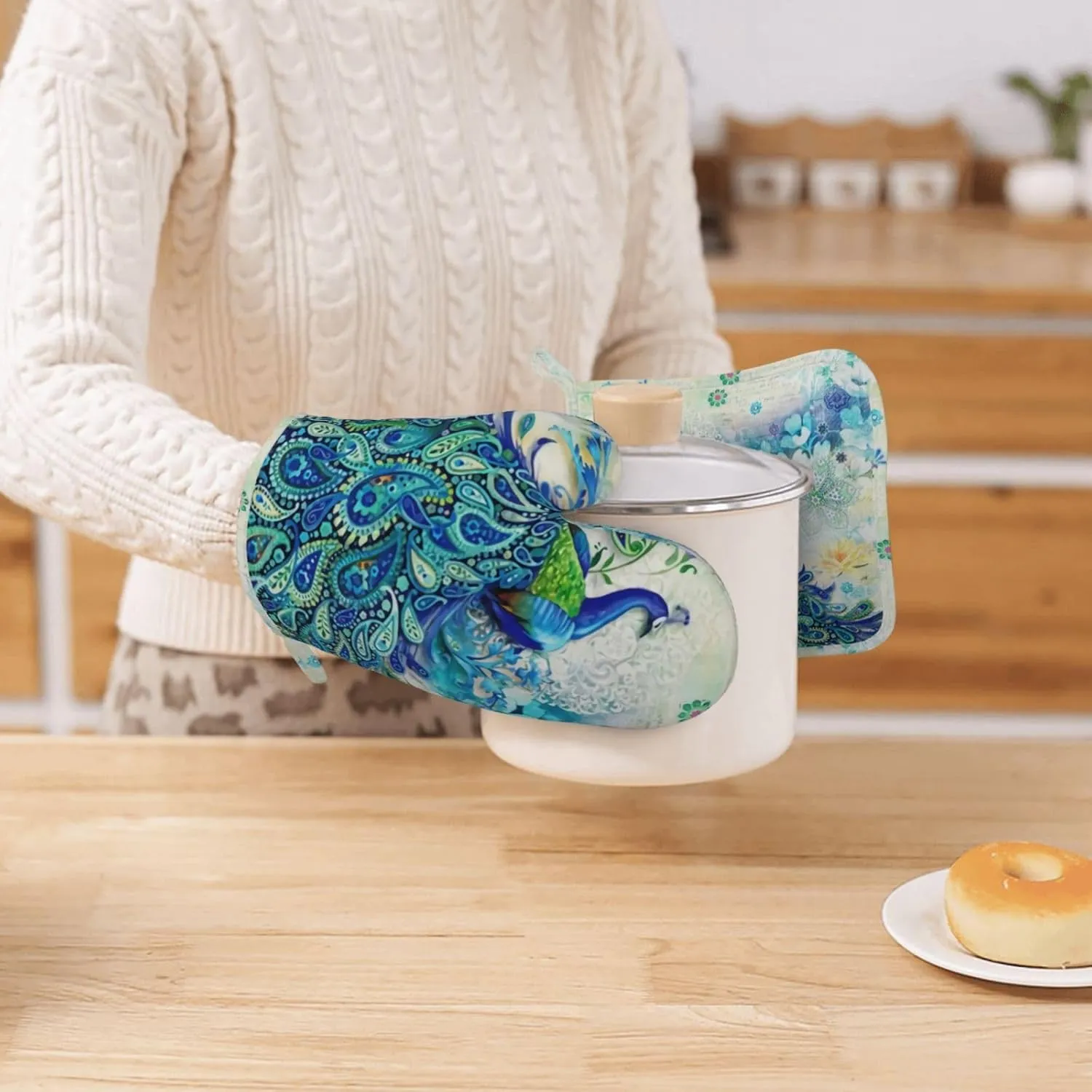 Peacocks and Flowers Oven Mitts and Pot Holders Set Heat Resistant Non-Slip Silicone Oven Mittens with Oven Gloves and Hot Pads Potholders for BBQ Kitchen Baking Cooking, Quilted Liner