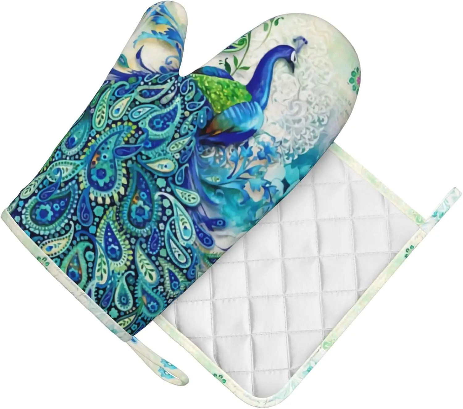Peacocks and Flowers Oven Mitts and Pot Holders Set Heat Resistant Non-Slip Silicone Oven Mittens with Oven Gloves and Hot Pads Potholders for BBQ Kitchen Baking Cooking, Quilted Liner