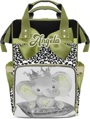 Personalized Cute Elephant Green Bow Diaper Bags Backpack Custom Text Bag Gifts for Mother Father