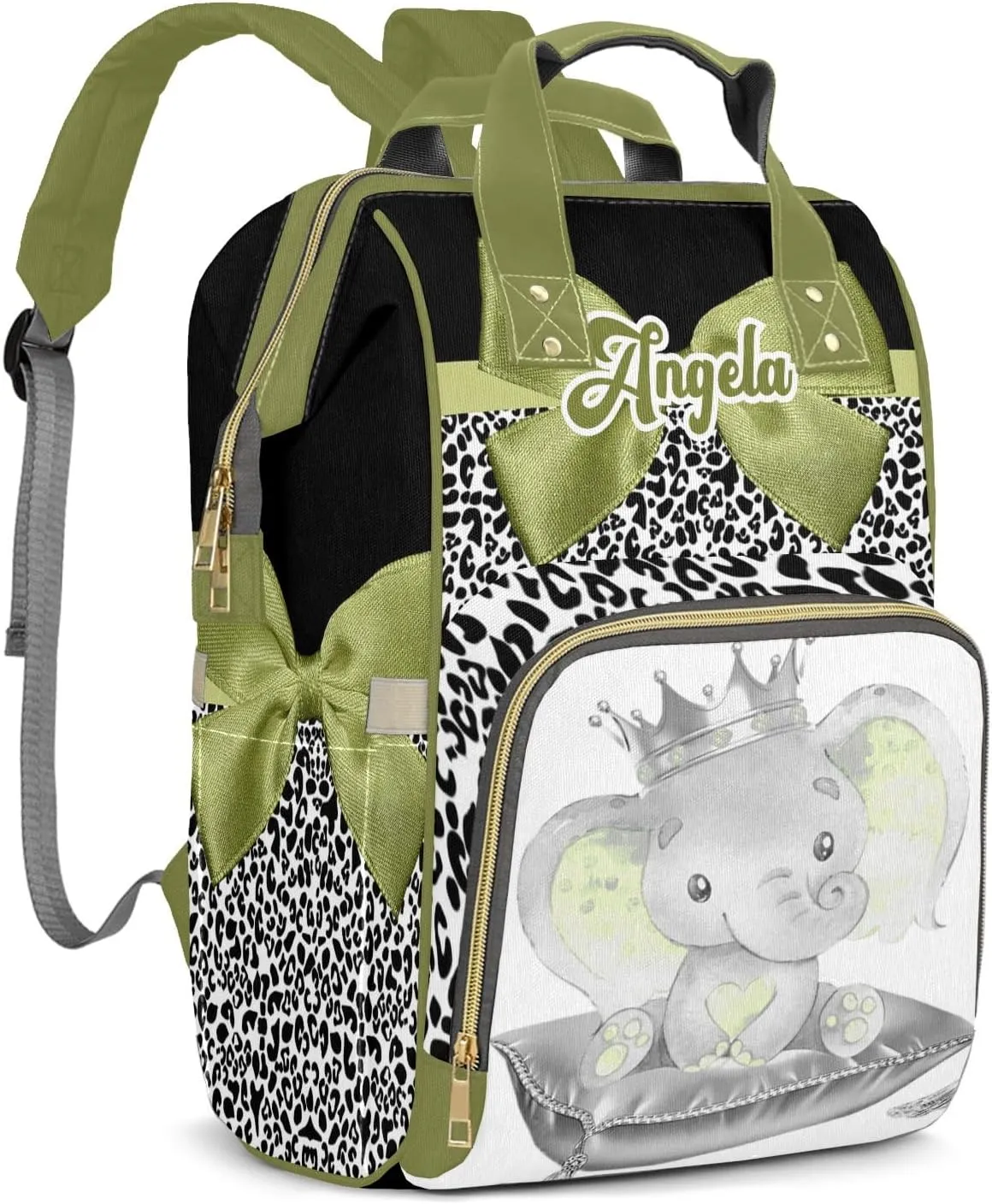 Personalized Cute Elephant Green Bow Diaper Bags Backpack Custom Text Bag Gifts for Mother Father