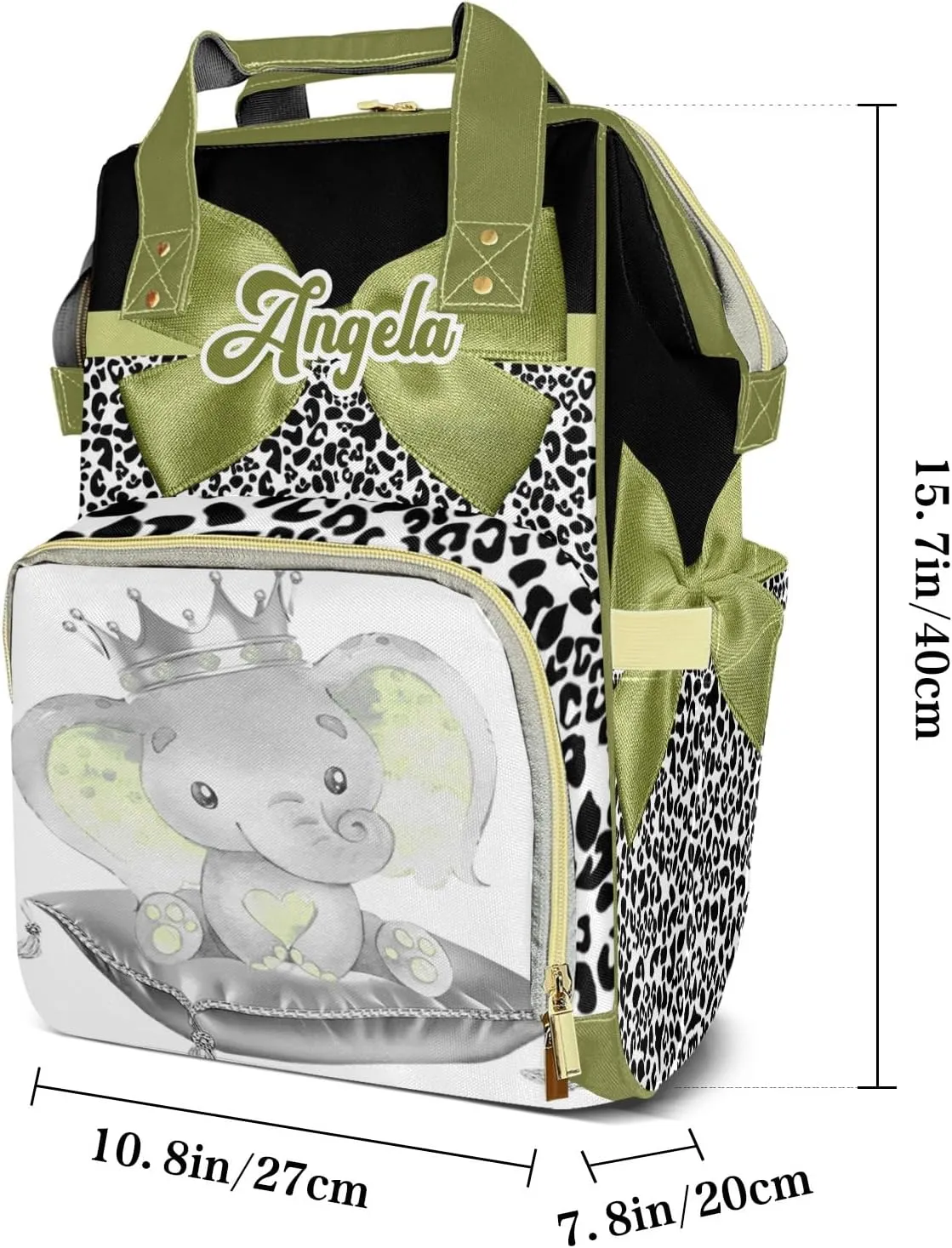 Personalized Cute Elephant Green Bow Diaper Bags Backpack Custom Text Bag Gifts for Mother Father