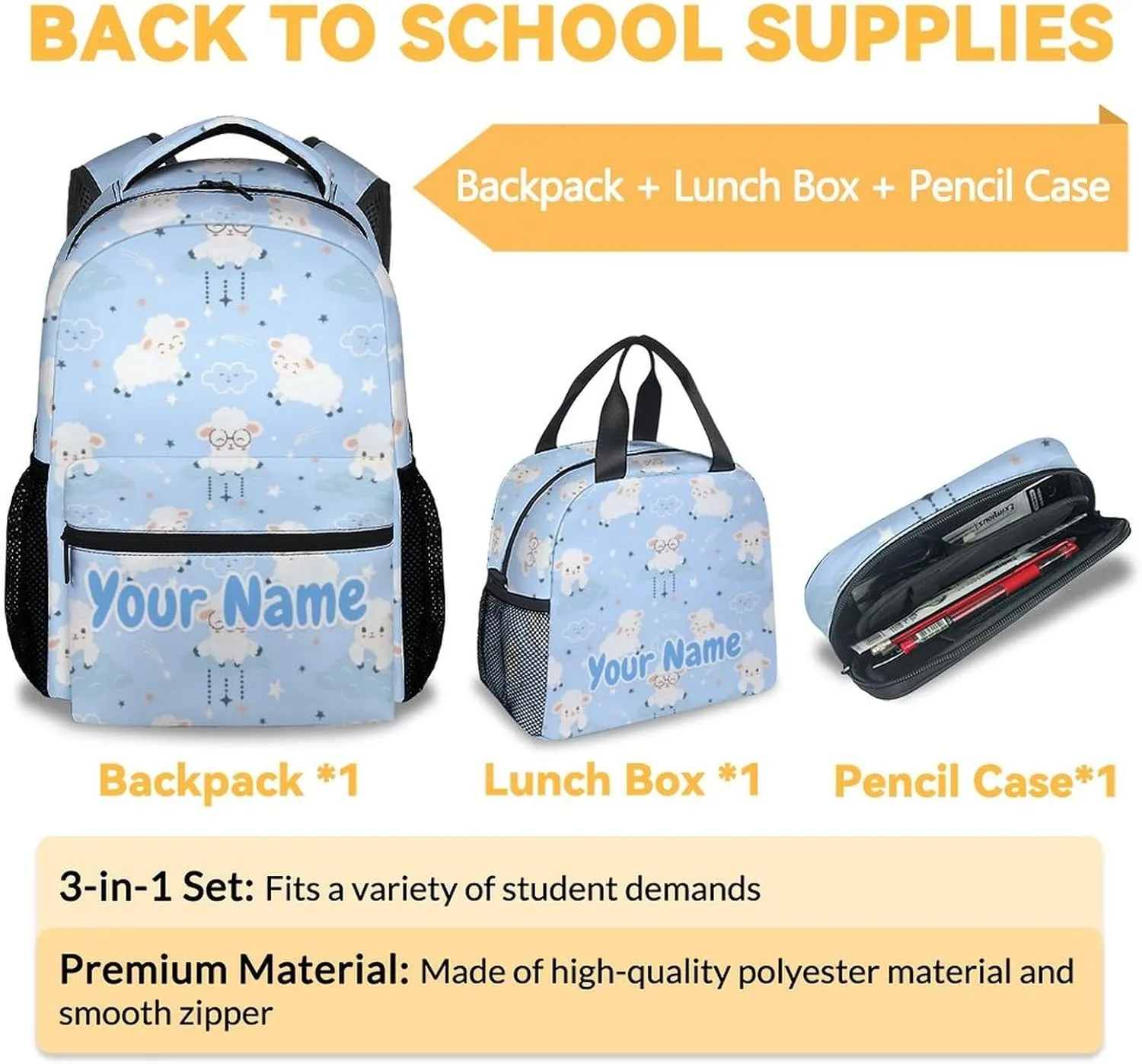 Personalized Sheep Backpack with Lunch Box - Set of 3 School Backpacks Matching Combo - Utility Blue Bookbag and Pencil Case Bundle