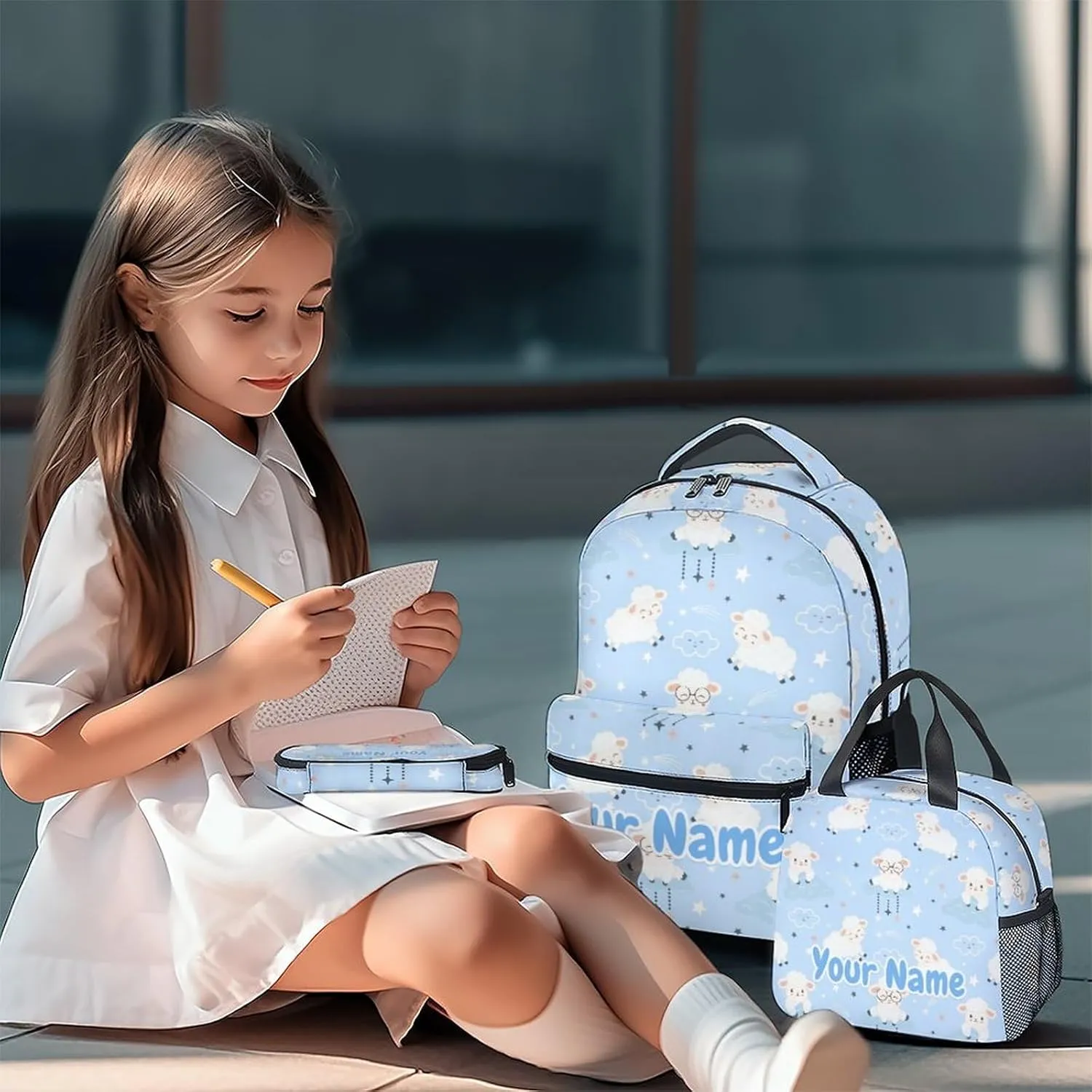 Personalized Sheep Backpack with Lunch Box - Set of 3 School Backpacks Matching Combo - Utility Blue Bookbag and Pencil Case Bundle