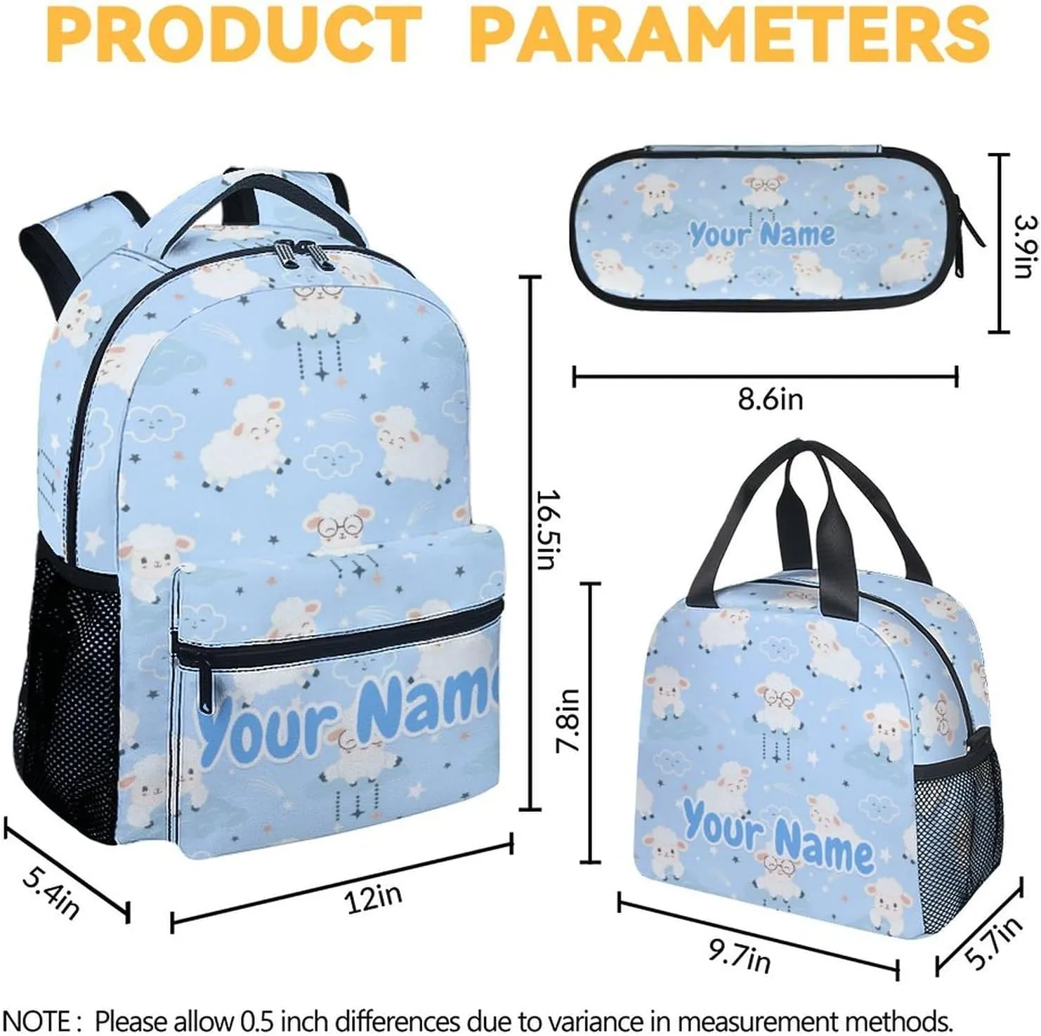Personalized Sheep Backpack with Lunch Box - Set of 3 School Backpacks Matching Combo - Utility Blue Bookbag and Pencil Case Bundle