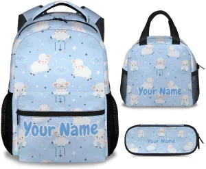 Personalized Sheep Backpack with Lunch Box - Set of 3 School Backpacks Matching Combo - Utility Blue Bookbag and Pencil Case Bundle