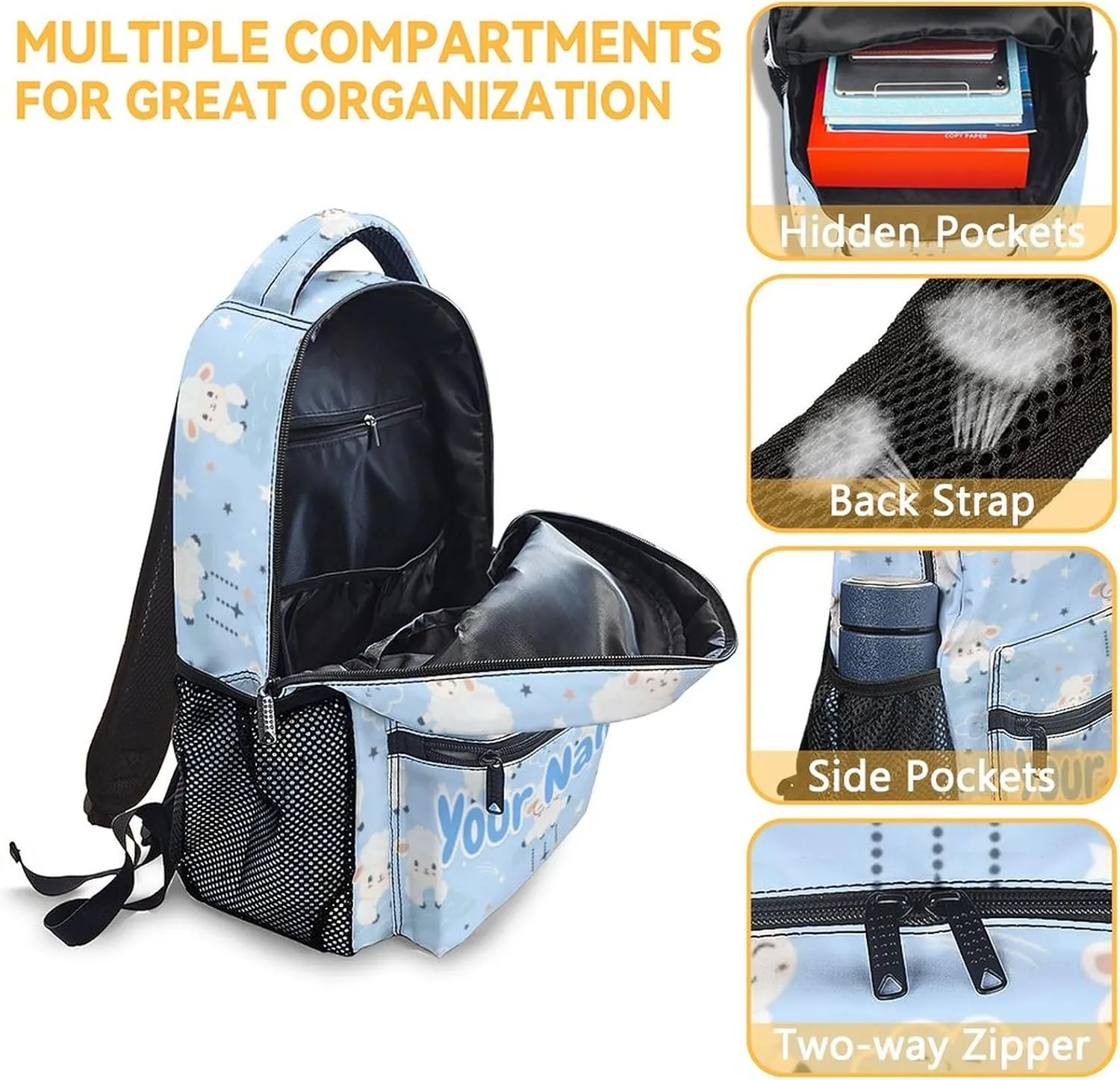 Personalized Sheep School Backpack for Girls, Boys - 16 Inches Blue Backpacks for Teens - Multipurpose Cute Bookbag for Middle School