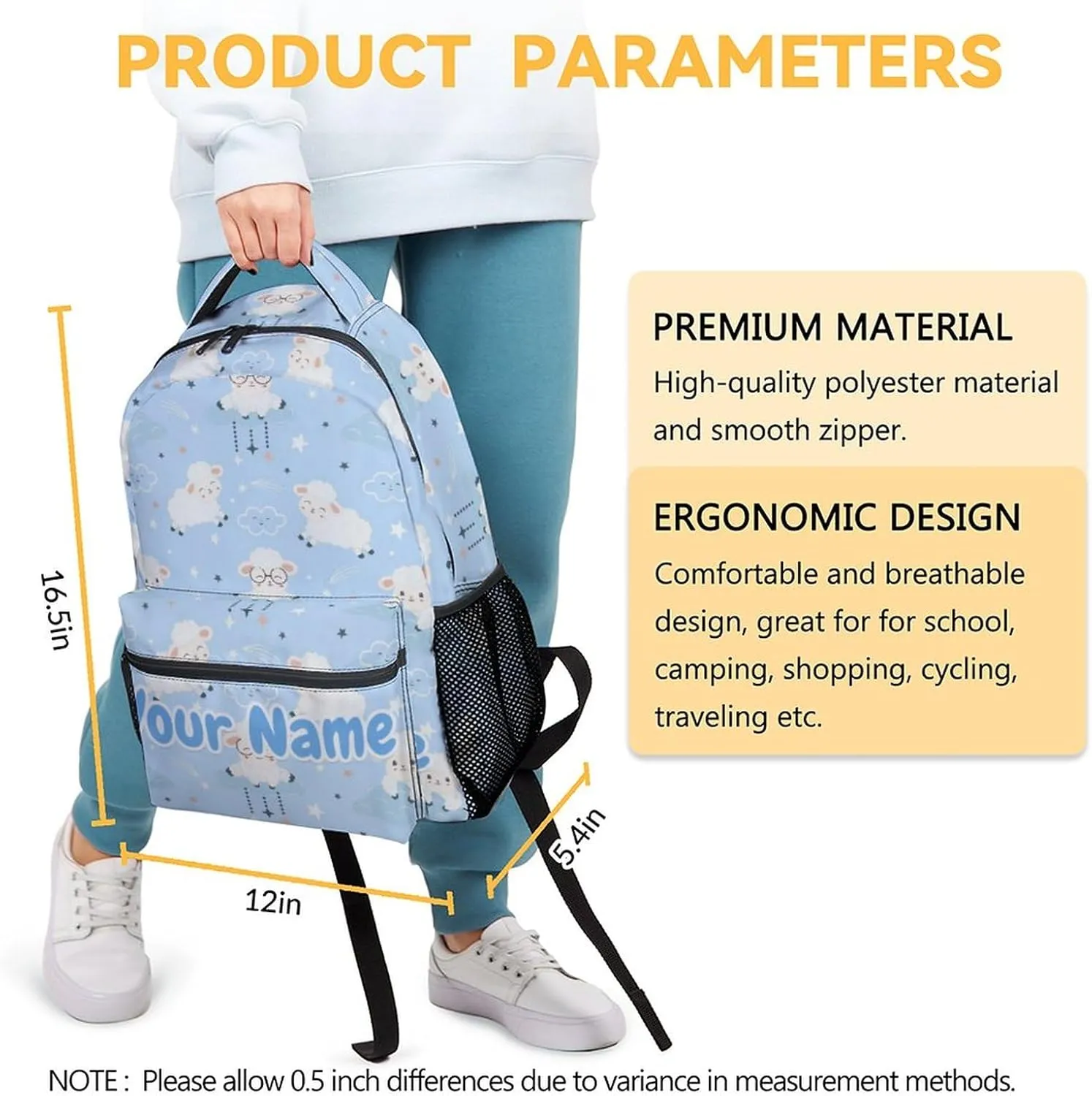 Personalized Sheep School Backpack for Girls, Boys - 16 Inches Blue Backpacks for Teens - Multipurpose Cute Bookbag for Middle School