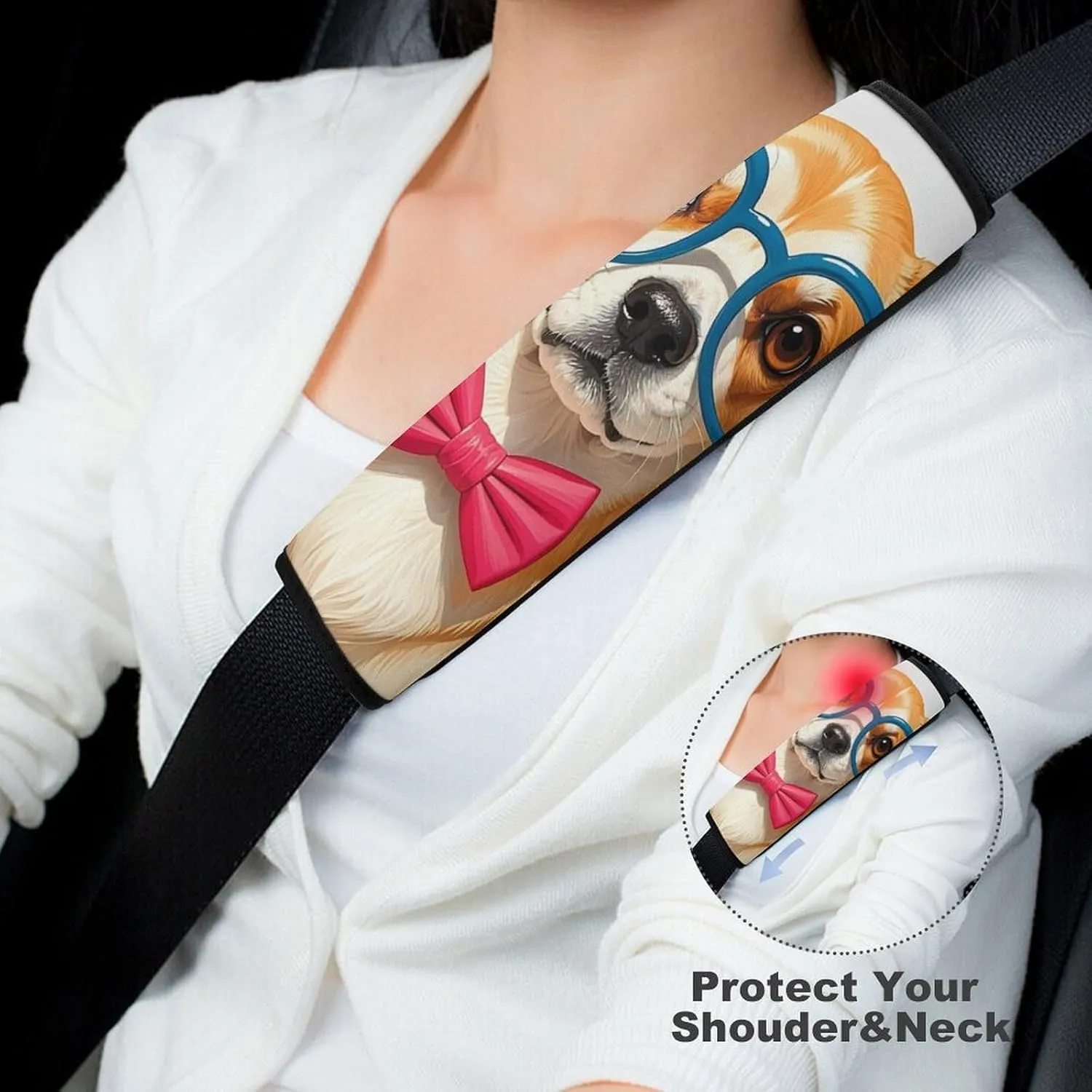 Pet Dog Soft Bow Tie, Oversized Glasses Auto Seat Belt Cover 2PCS Universal Car Seat Belt Shoulder Protector Pad, Protect Your Shoulders and Neck for Car Seat Belt, Shoulder Bag, Backpack