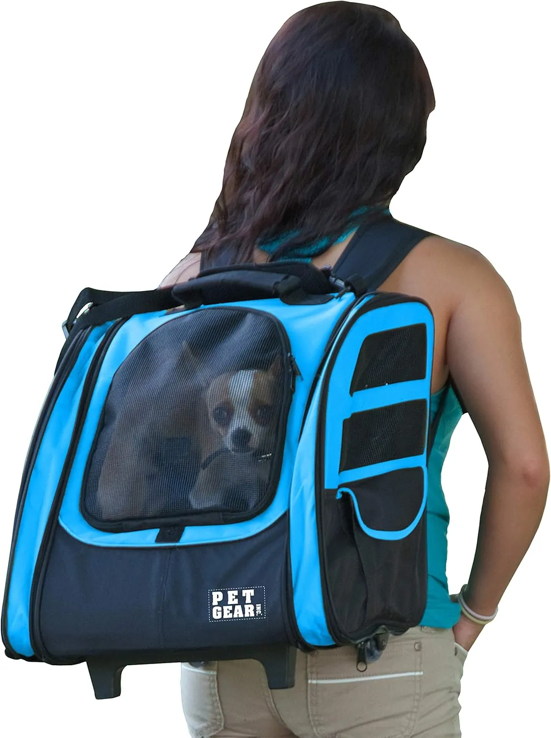 Pet Gear I-GO2 Traveler Roller Backpack, Travel Carrier, Car Seat for Cats/Dogs, Mesh Ventilation, Included Tether, Telescoping Handle, Storage Pouch, Sky