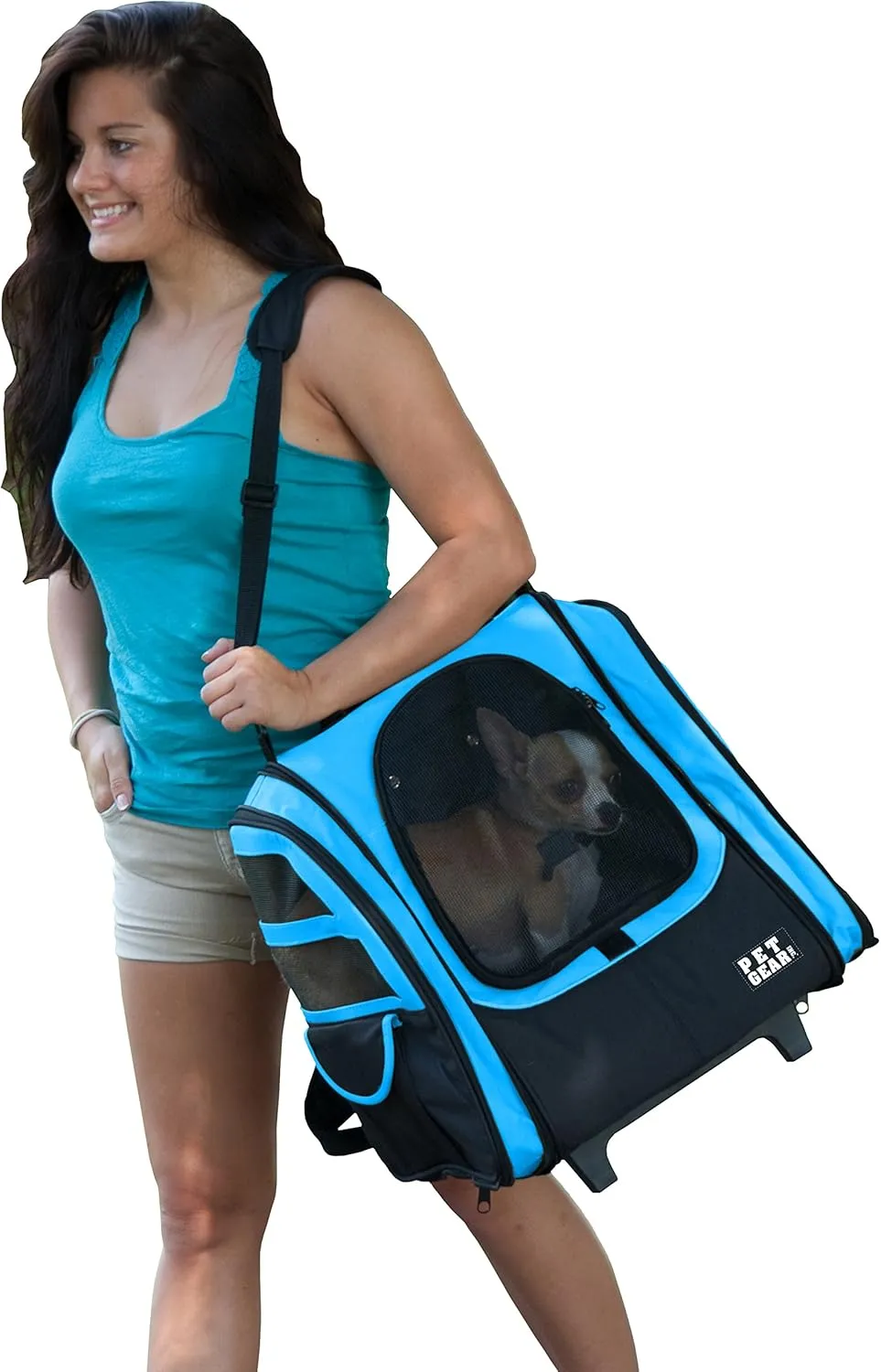 Pet Gear I-GO2 Traveler Roller Backpack, Travel Carrier, Car Seat for Cats/Dogs, Mesh Ventilation, Included Tether, Telescoping Handle, Storage Pouch, Sky