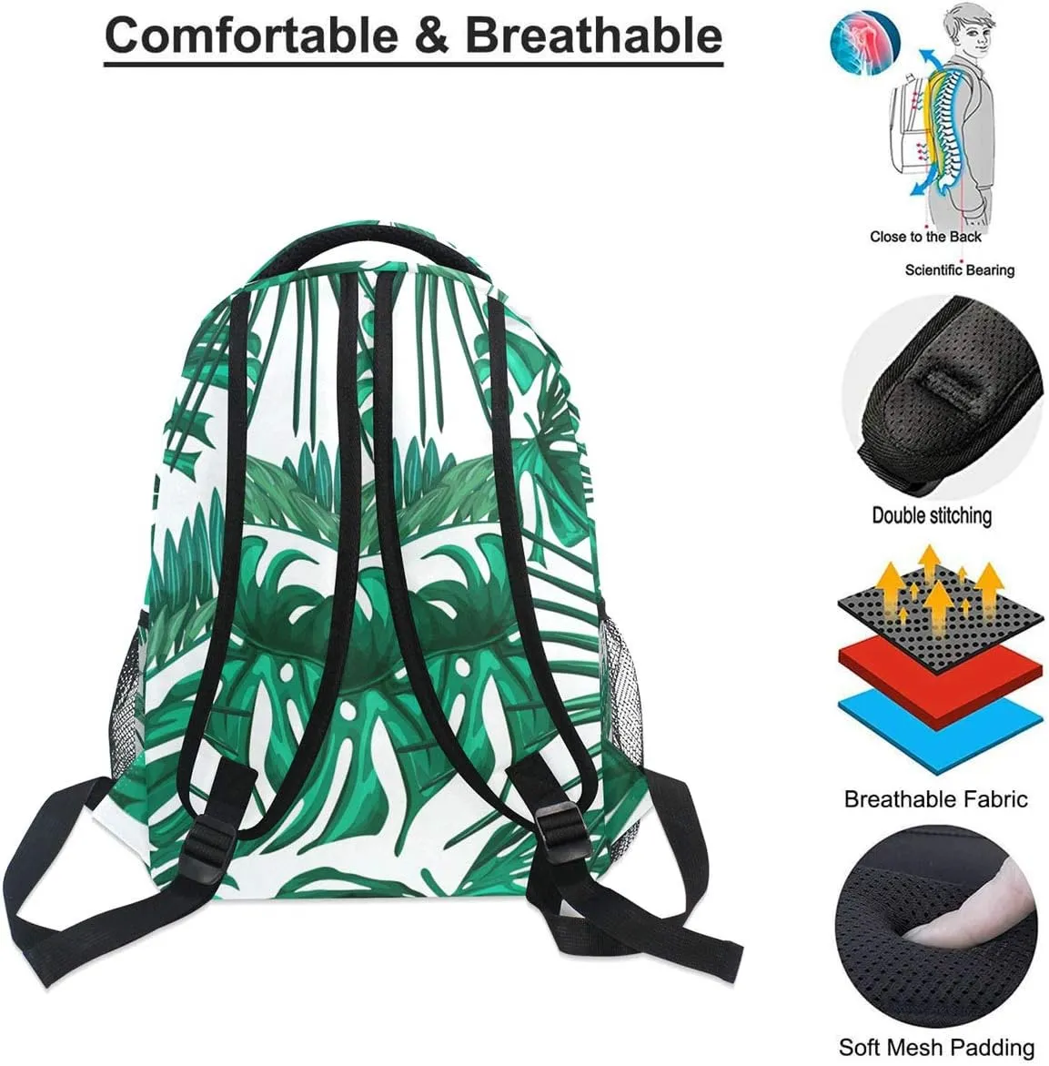 Pfrewn Wamika Tropical Leaves Backpacks for Kids Women Men, Palm Tree Green Computer Laptop Backpack, Casual Book Bag Travel Sports Camping Daypack