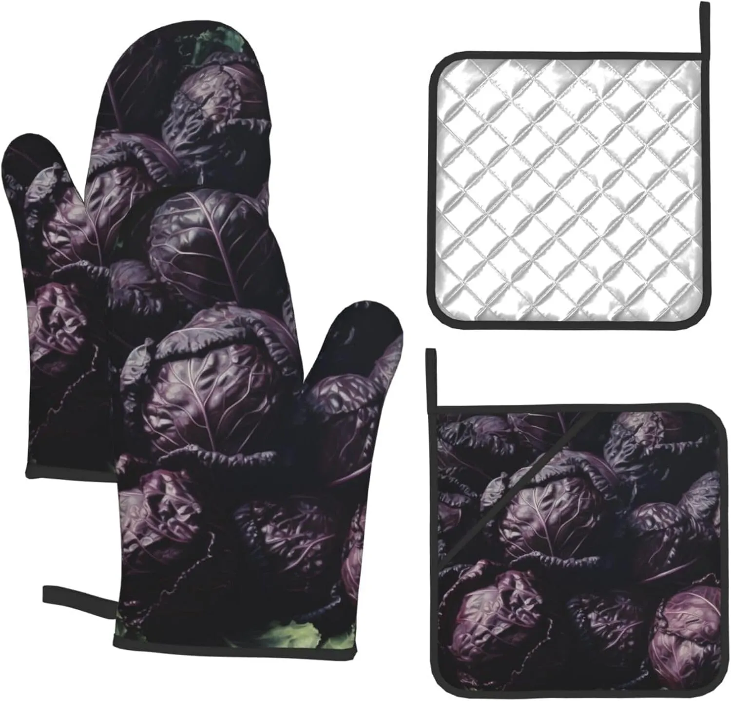 Pile of Purple Cabbage Print Oven Mitts and Pot Holders Set 4 Pcs Heat Resistant Kitchen Oven Gloves Potholders Extra Thicken Long Kitchen Gloves and Hot Pads for Cooking Baking Grilling