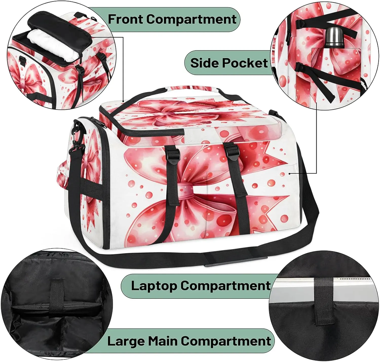 Pink Cute Bow Tie Gym Bags for Men Women Sports Backpack with Shoe Compartment 3-in-1 Tactical Duffle Bag for Overnight Weekender Travel