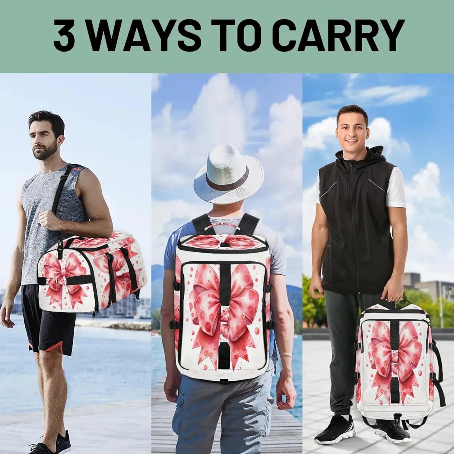 Pink Cute Bow Tie Gym Bags for Men Women Sports Backpack with Shoe Compartment 3-in-1 Tactical Duffle Bag for Overnight Weekender Travel