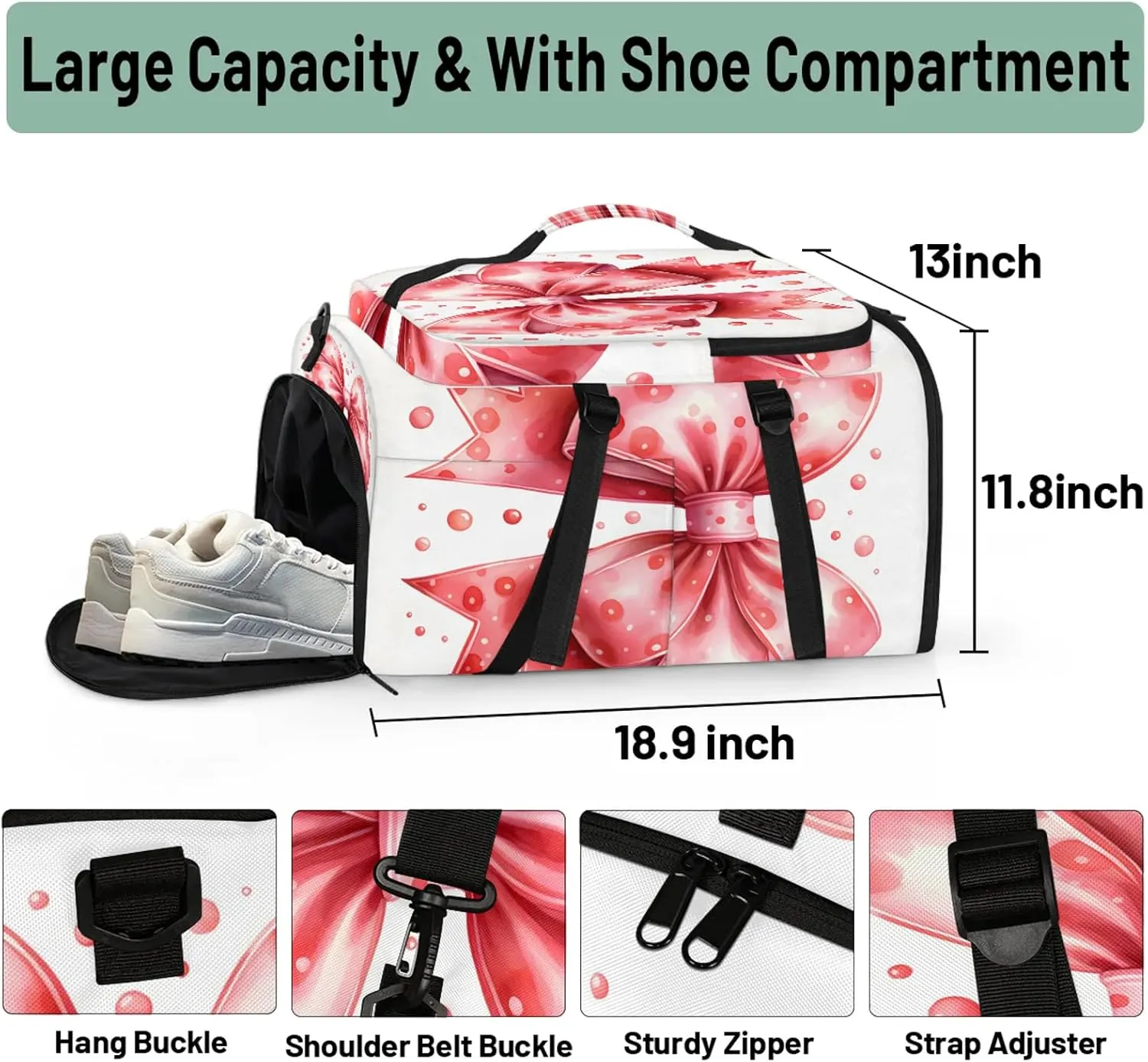 Pink Cute Bow Tie Gym Bags for Men Women Sports Backpack with Shoe Compartment 3-in-1 Tactical Duffle Bag for Overnight Weekender Travel