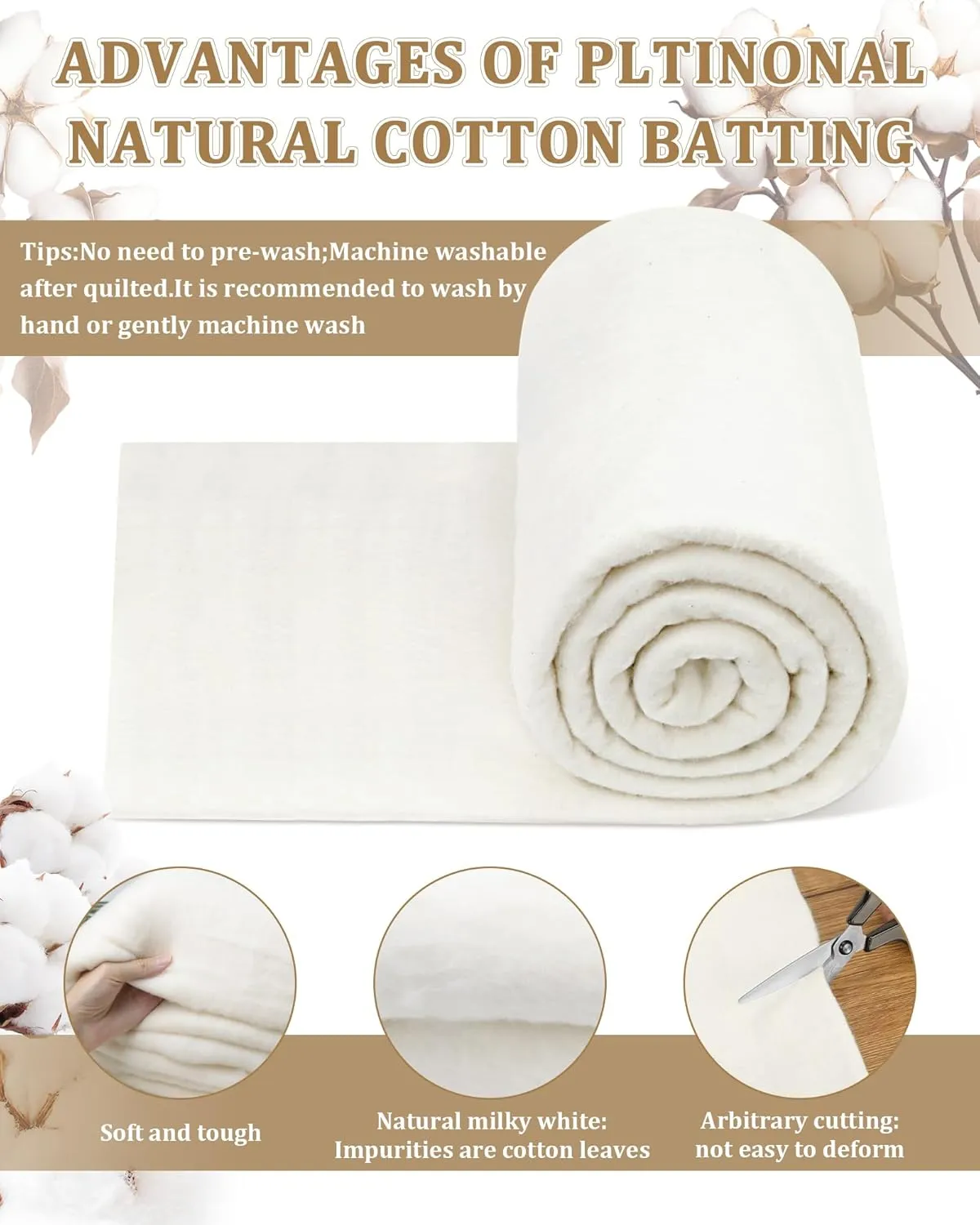 PLANTIONAL Natural Cotton Batting for Quilts: 47-Inch x 59-Inch Light Weight Purely Natural All Season Quilt Batting for Quilts, Craft and Wearable Arts