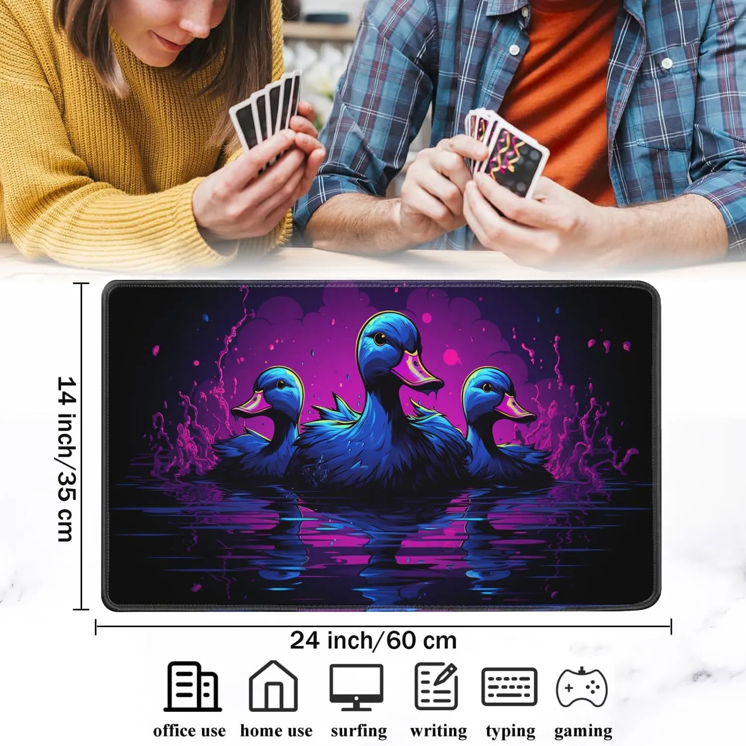 Playmat for MTG, 24x14 Inches Playmats, for TCG and CCG Trading Card Game Mat, Non-Slip Rubber for MTG Playmats with A Storage Bag and 6 Dice Set, Cute Cartoon Duck Pattern Black