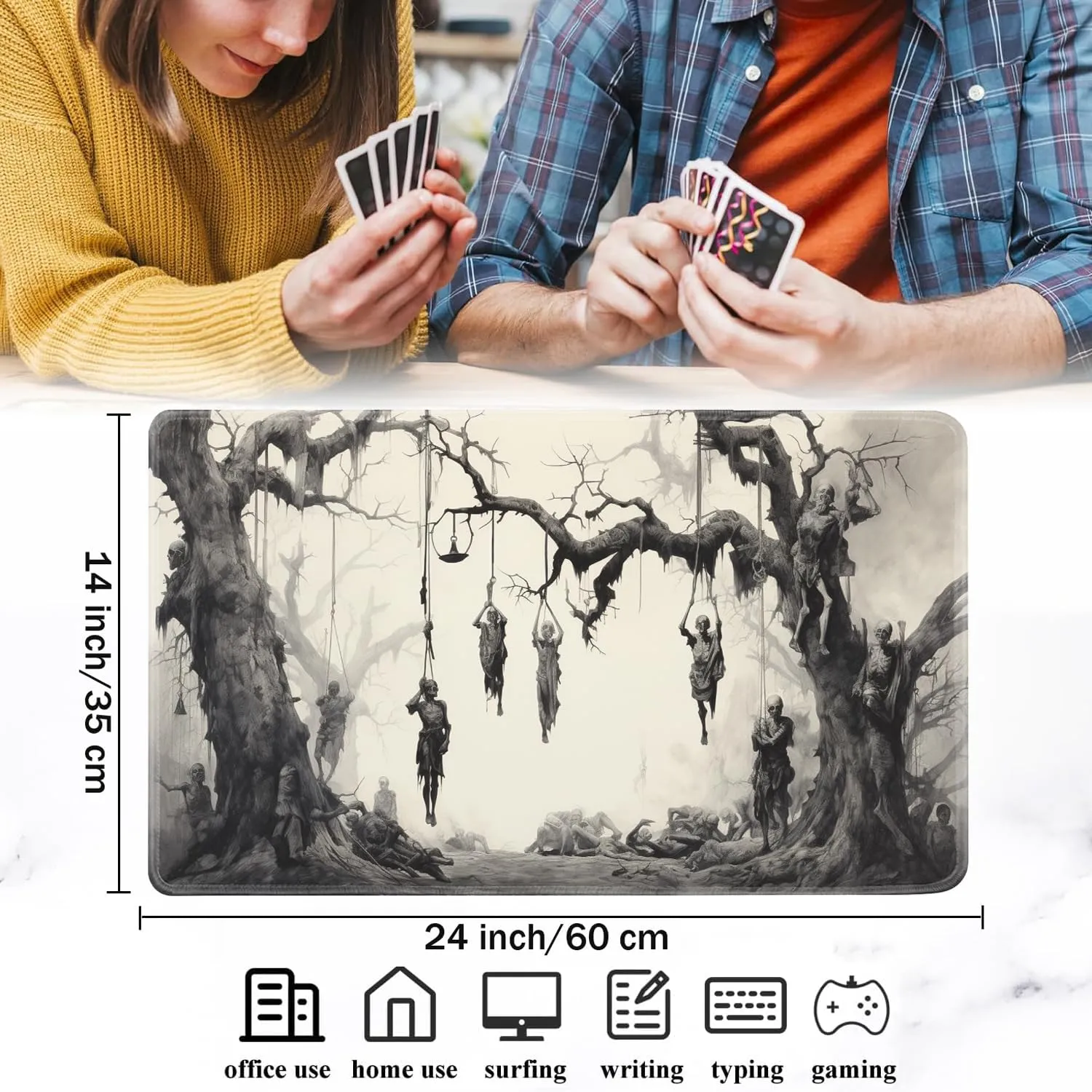 Playmat for MTG, 24x14 Inches Playmats, for TCG and CCG Trading Card Game Mat, Non-Slip Rubber for MTG Playmats with A Storage Bag and 6 Dice Set, Tree of Death Skeleton, White