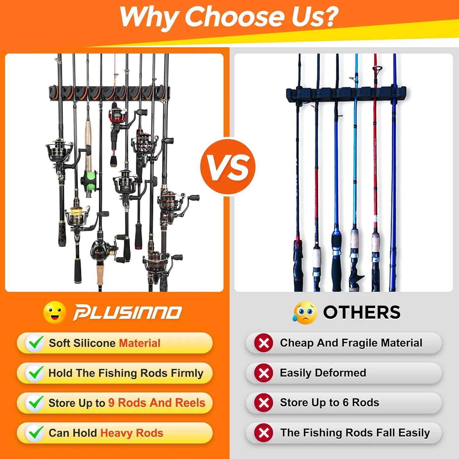 PLUSINNO V9 Vertical Fishing Rod Holders, 2 Packs Wall Mounted Fishing Pole Holders, Fishing Rod Racks Hold Up to 18 Rods or Combos, Fishing Pole Holders for Garage, Fits Most Rods of Diameter 3-19mm