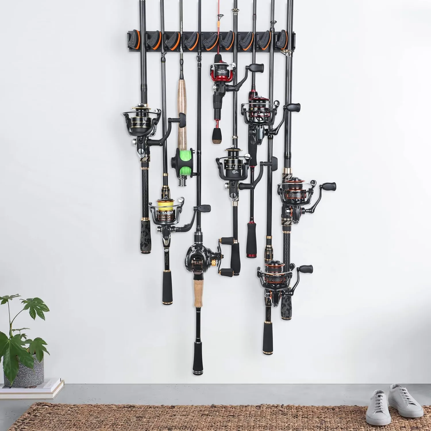 PLUSINNO V9 Vertical Fishing Rod Holders, 2 Packs Wall Mounted Fishing Pole Holders, Fishing Rod Racks Hold Up to 18 Rods or Combos, Fishing Pole Holders for Garage, Fits Most Rods of Diameter 3-19mm