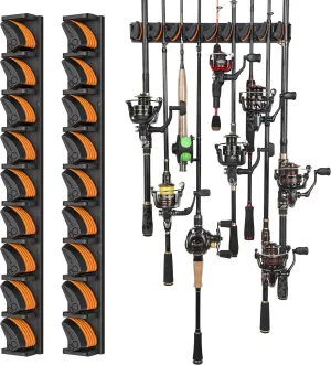 PLUSINNO V9 Vertical Fishing Rod Holders, 2 Packs Wall Mounted Fishing Pole Holders, Fishing Rod Racks Hold Up to 18 Rods or Combos, Fishing Pole Holders for Garage, Fits Most Rods of Diameter 3-19mm