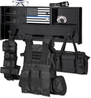 Police Gear Stand, Police Hanger, Tactical Duty Gear Rack with 3 Hooks, Free-Standing All Iron Frame Police Gift Decor with Flag, Black, Come Home Safe