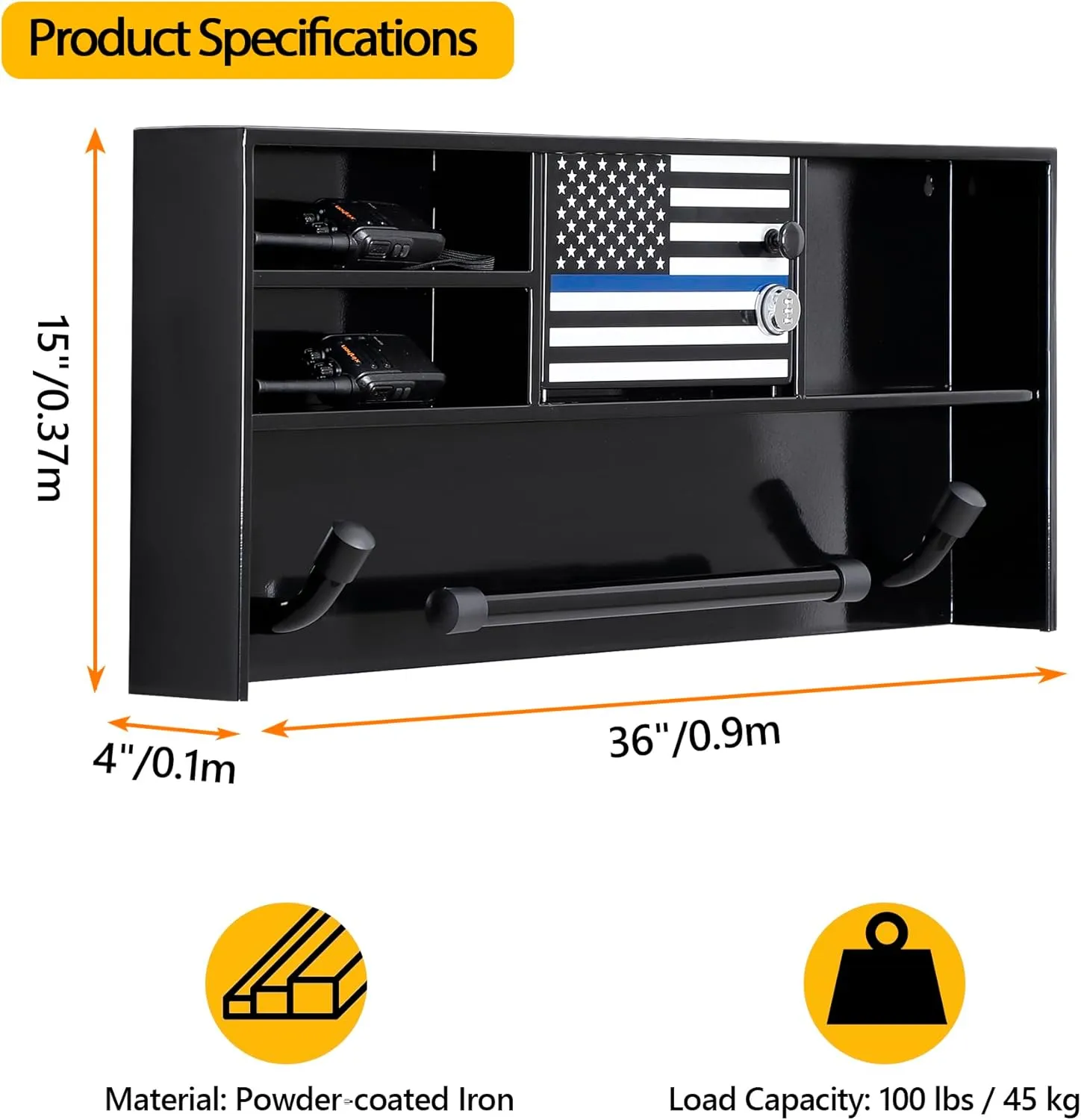Police Gear Stand, Police Hanger, Tactical Duty Gear Rack with 3 Hooks, Free-Standing All Iron Frame Police Gift Decor with Flag, Black, Come Home Safe