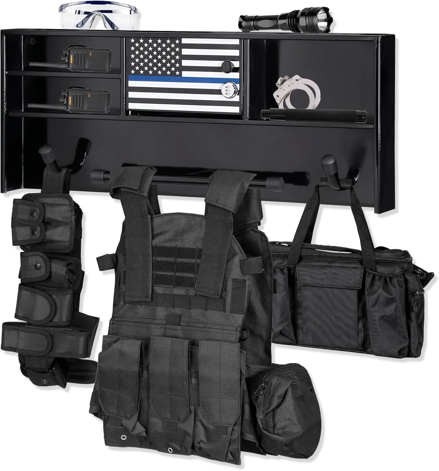 Police Gear Stand, Police Hanger, Tactical Duty Gear Rack with 3 Hooks, Free-Standing All Iron Frame Police Gift Decor with Flag, Black, Come Home Safe