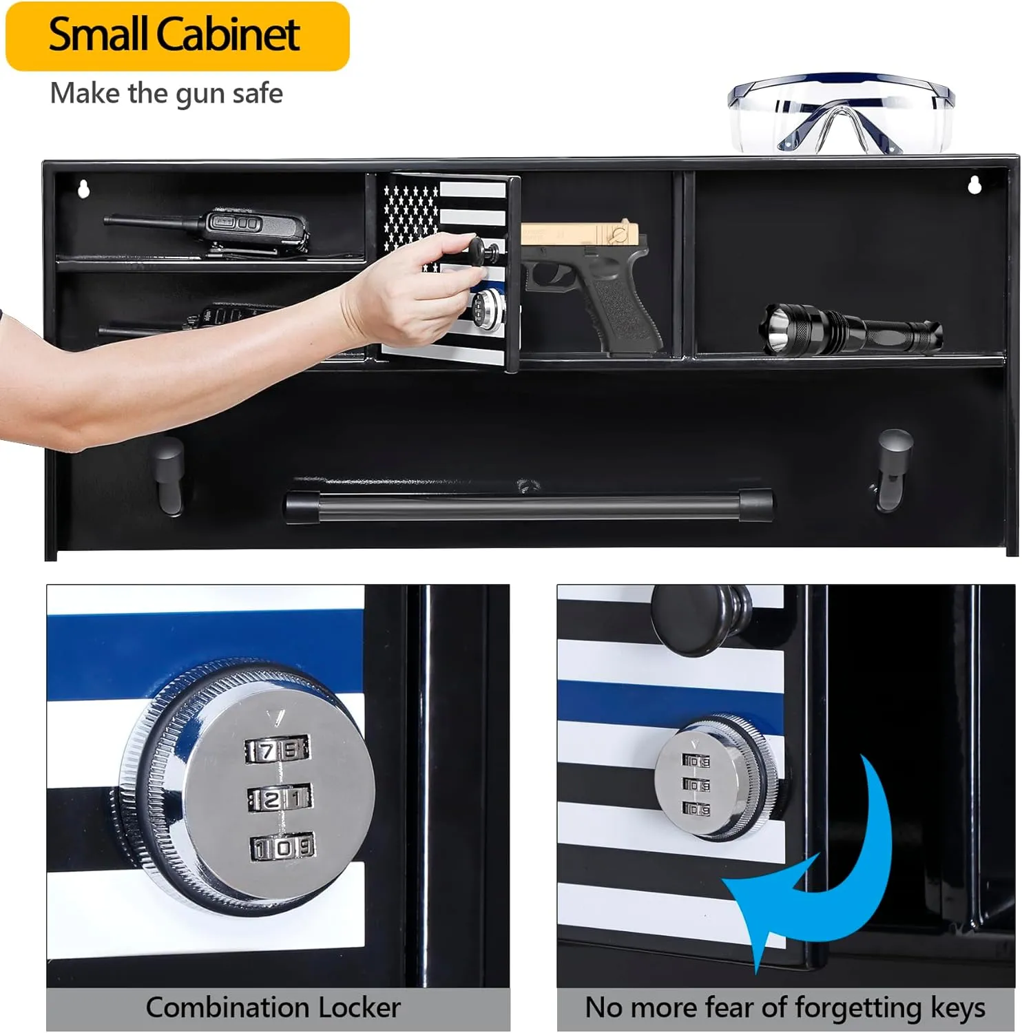 Police Gear Stand, Police Hanger, Tactical Duty Gear Rack with 3 Hooks, Free-Standing All Iron Frame Police Gift Decor with Flag, Black, Come Home Safe