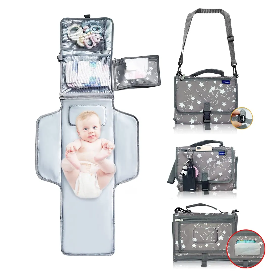 Portable Changing Pad,Baby Portable Diaper Changing Pad for Boys and Girls |Long Large Changing Pad with Wipes Pocket | Lightweight and Waterproof Travel Diaper Station Kit with Cushioned Pad