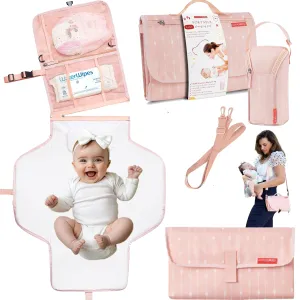 Portable Diaper Changing Pad Waterproof – B0NUS Insulated Baby Bottle Bag, 2-in-1 Diaper Clutch and Changing Mat, Wipe Clean Portable Changing Pad with Built-in Head Cushion (Peach)