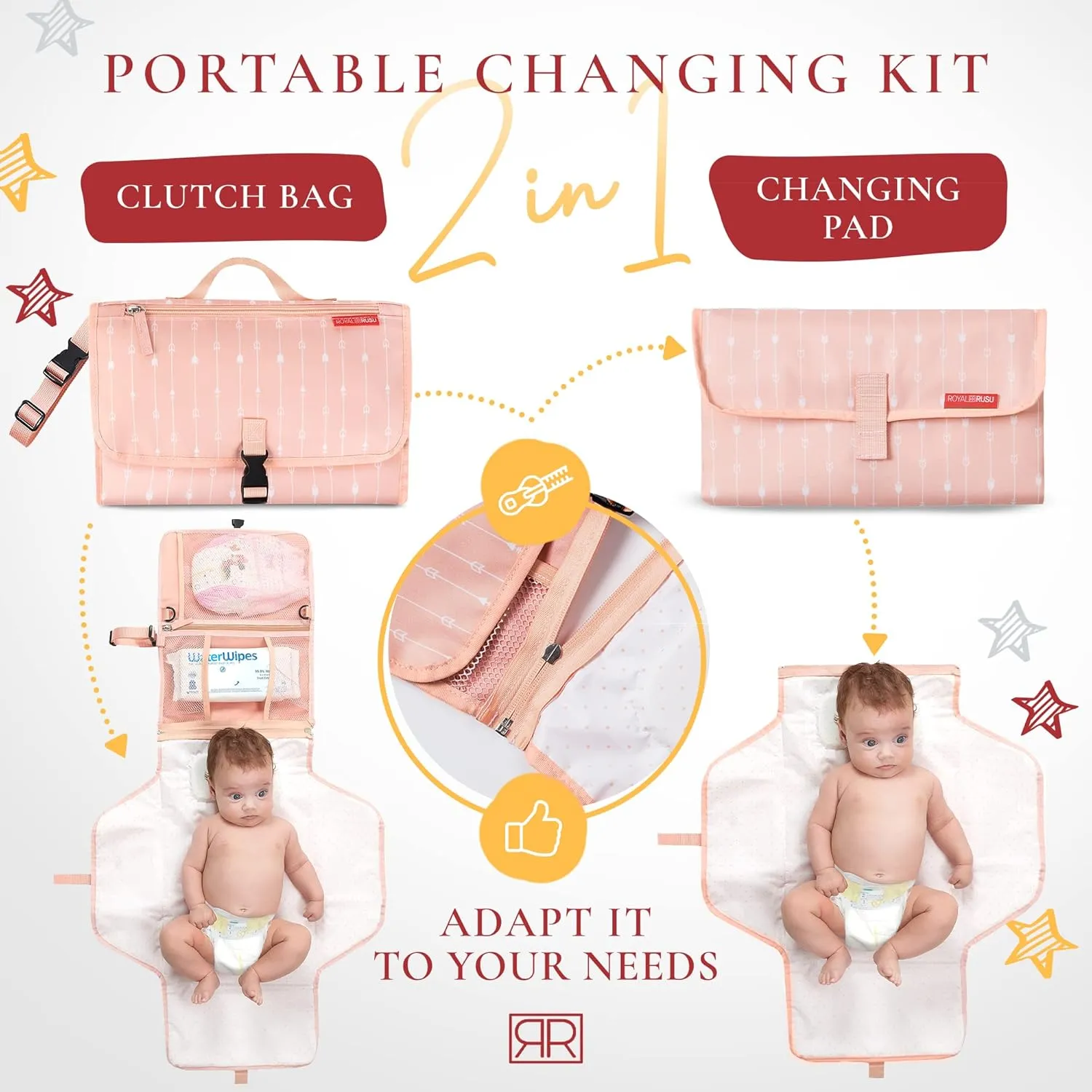 Portable Diaper Changing Pad Waterproof – B0NUS Insulated Baby Bottle Bag, 2-in-1 Diaper Clutch and Changing Mat, Wipe Clean Portable Changing Pad with Built-in Head Cushion (Peach)
