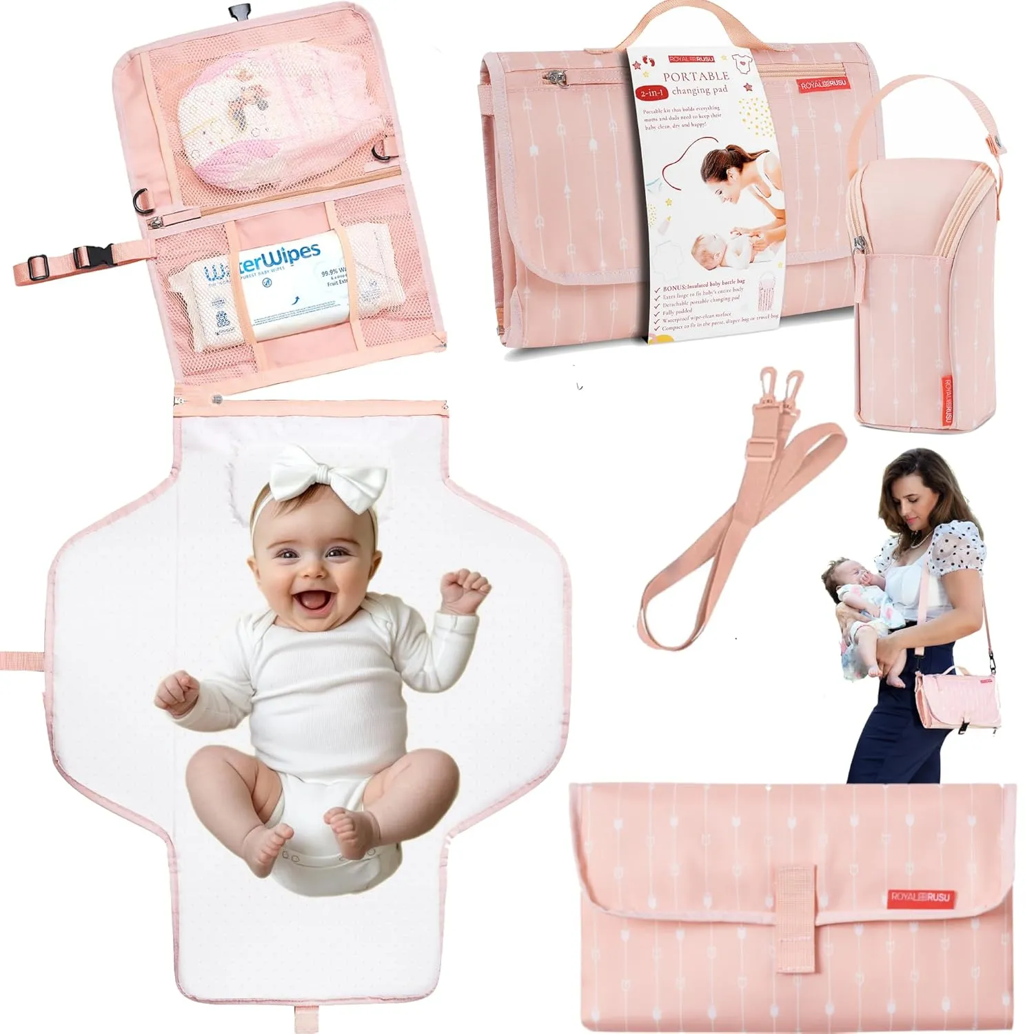 Portable Diaper Changing Pad Waterproof – B0NUS Insulated Baby Bottle Bag, 2-in-1 Diaper Clutch and Changing Mat, Wipe Clean Portable Changing Pad with Built-in Head Cushion (Peach)