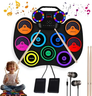 Portable Electric Drum Set with Headphone: 9-Pad Electronic Drum Pad with Dual Speaker for Beginner - Holiday Birthday Christmas Gifts for Boys Girls